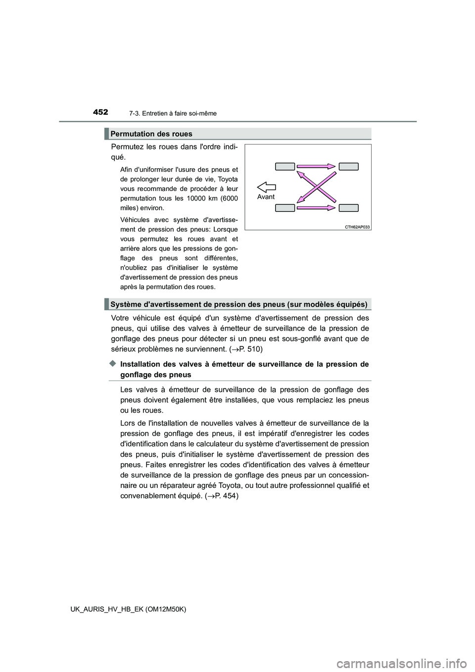 TOYOTA AURIS 2018 Notices Demploi (in French) 4527-3. Entretien à faire soi-même
UK_AURIS_HV_HB_EK (OM12M50K)
Permutez les roues dans lordre indi-
qué.
Afin duniformiser lusure des pneus et
de prolonger leur durée de vie, Toyota
vous rec TOYOTA AURIS 2018 Notices Demploi (in French) 4527-3. Entretien à faire soi-même
UK_AURIS_HV_HB_EK (OM12M50K)
Permutez les roues dans lordre indi-
qué.
Afin duniformiser lusure des pneus et
de prolonger leur durée de vie, Toyota
vous rec