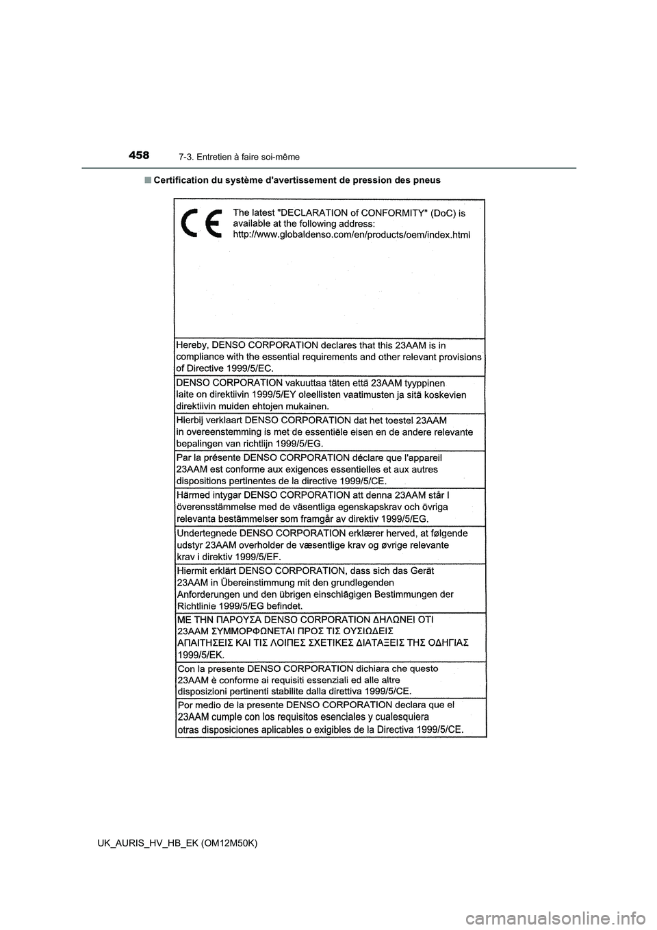 TOYOTA AURIS 2018 Notices Demploi (in French) 4587-3. Entretien à faire soi-même
UK_AURIS_HV_HB_EK (OM12M50K)
■ Certification du système davertissement de pression des pneus TOYOTA AURIS 2018 Notices Demploi (in French) 4587-3. Entretien à faire soi-même
UK_AURIS_HV_HB_EK (OM12M50K)
■ Certification du système davertissement de pression des pneus