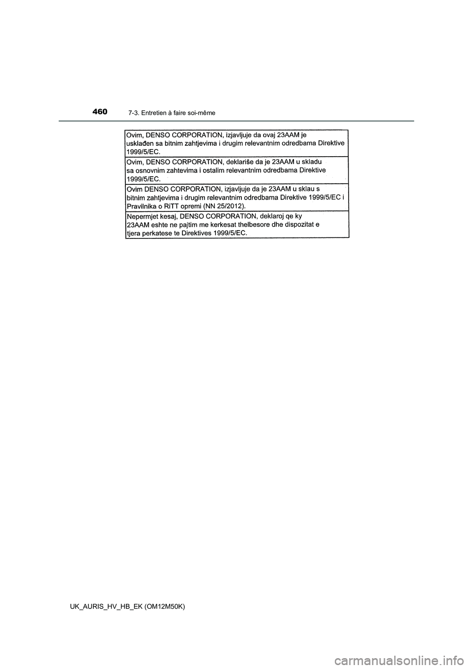 TOYOTA AURIS 2018 Notices Demploi (in French) 4607-3. Entretien à faire soi-même
UK_AURIS_HV_HB_EK (OM12M50K) TOYOTA AURIS 2018 Notices Demploi (in French) 4607-3. Entretien à faire soi-même
UK_AURIS_HV_HB_EK (OM12M50K)