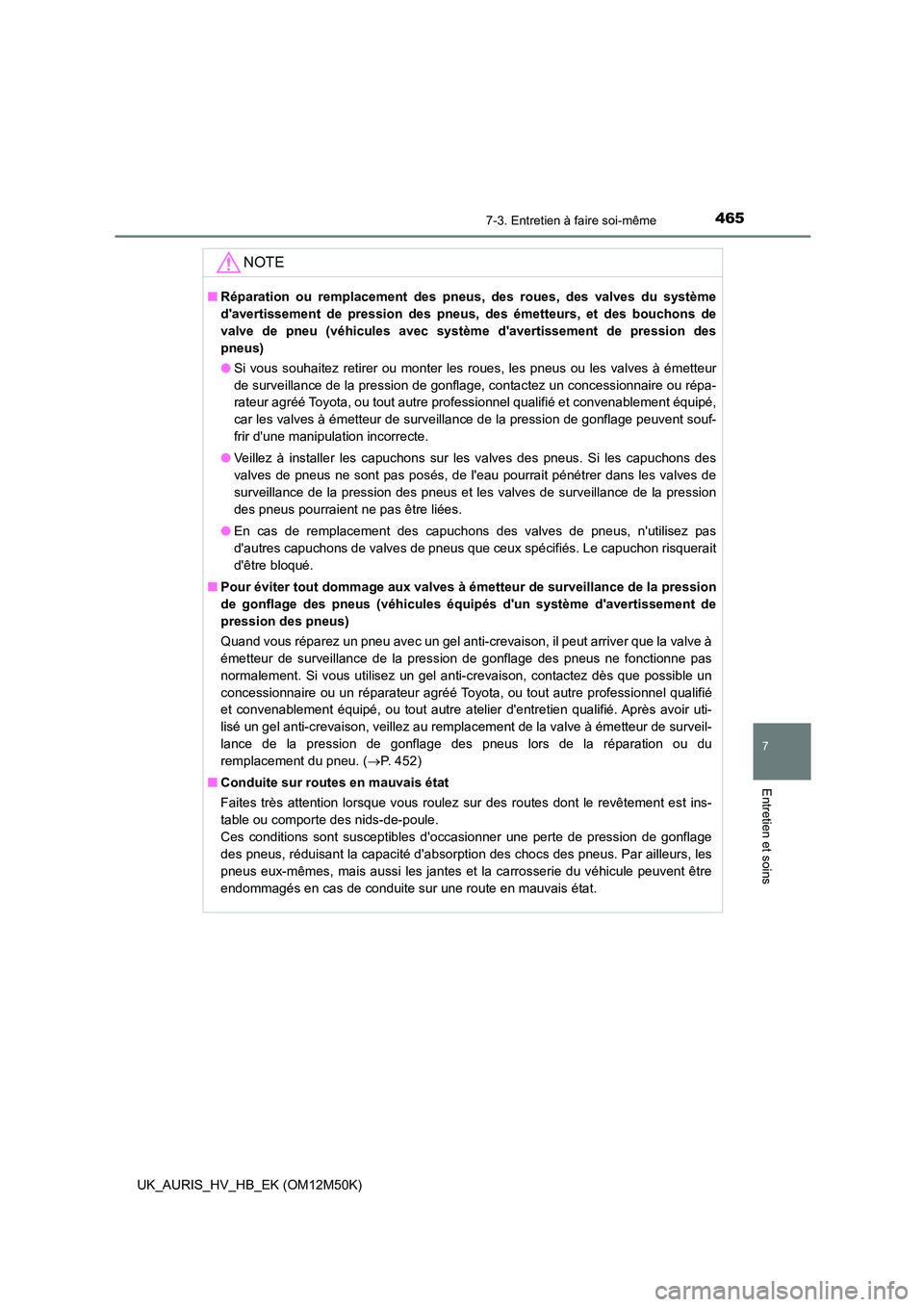 TOYOTA AURIS 2018 Notices Demploi (in French) 4657-3. Entretien à faire soi-même
7
Entretien et soins
UK_AURIS_HV_HB_EK (OM12M50K)
NOTE
■Réparation ou remplacement des pneus, des roues, des valves du système
davertissement de pression des TOYOTA AURIS 2018 Notices Demploi (in French) 4657-3. Entretien à faire soi-même
7
Entretien et soins
UK_AURIS_HV_HB_EK (OM12M50K)
NOTE
■Réparation ou remplacement des pneus, des roues, des valves du système
davertissement de pression des