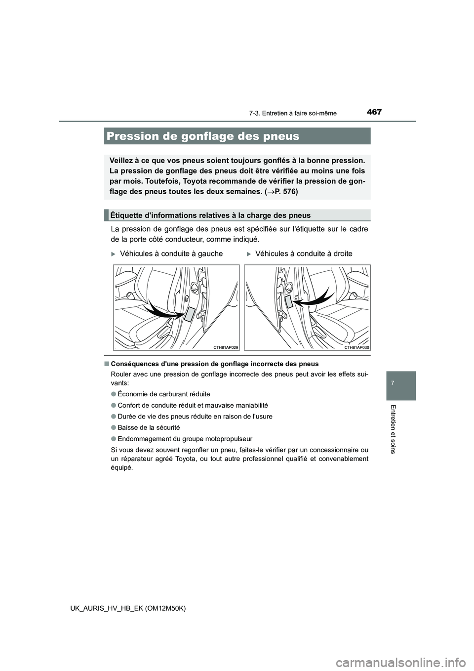 TOYOTA AURIS 2018 Notices Demploi (in French) 4677-3. Entretien à faire soi-même
7
Entretien et soins
UK_AURIS_HV_HB_EK (OM12M50K)
La pression de gonflage des pneus est spécifiée sur létiquette sur le cadre
de la porte côté conducteur, c TOYOTA AURIS 2018 Notices Demploi (in French) 4677-3. Entretien à faire soi-même
7
Entretien et soins
UK_AURIS_HV_HB_EK (OM12M50K)
La pression de gonflage des pneus est spécifiée sur létiquette sur le cadre
de la porte côté conducteur, c