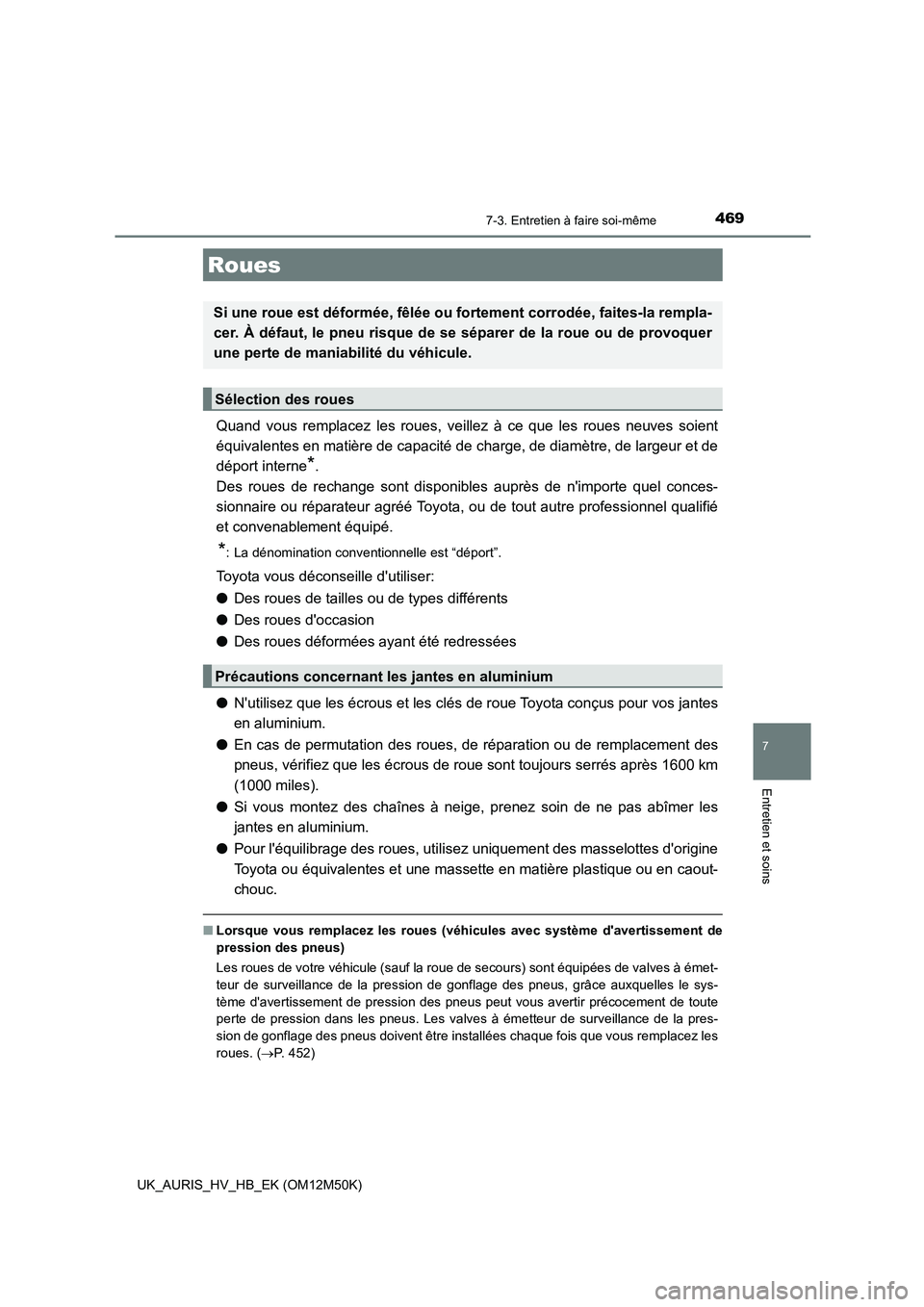 TOYOTA AURIS 2018 Notices Demploi (in French) 4697-3. Entretien à faire soi-même
7
Entretien et soins
UK_AURIS_HV_HB_EK (OM12M50K)
Quand vous remplacez les roues, veillez à ce que les roues neuves soient
équivalentes en matière de capacité TOYOTA AURIS 2018 Notices Demploi (in French) 4697-3. Entretien à faire soi-même
7
Entretien et soins
UK_AURIS_HV_HB_EK (OM12M50K)
Quand vous remplacez les roues, veillez à ce que les roues neuves soient
équivalentes en matière de capacité