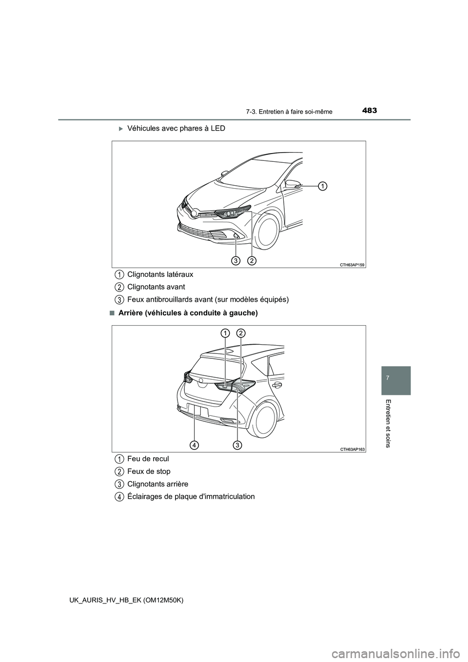 TOYOTA AURIS 2018 Notices Demploi (in French) 4837-3. Entretien à faire soi-même
7
Entretien et soins
UK_AURIS_HV_HB_EK (OM12M50K)
Véhicules avec phares à LED
■Arrière (véhicules à conduite à gauche)
Clignotants latéraux
Clignotant TOYOTA AURIS 2018 Notices Demploi (in French) 4837-3. Entretien à faire soi-même
7
Entretien et soins
UK_AURIS_HV_HB_EK (OM12M50K)
Véhicules avec phares à LED
■Arrière (véhicules à conduite à gauche)
Clignotants latéraux
Clignotant