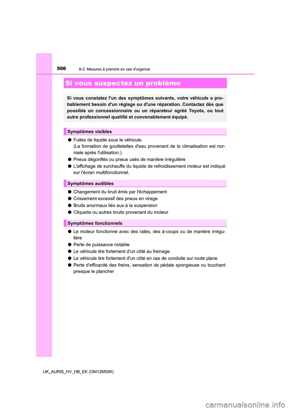 TOYOTA AURIS 2018 Notices Demploi (in French) 5068-2. Mesures à prendre en cas durgence
UK_AURIS_HV_HB_EK (OM12M50K)
●Fuites de liquide sous le véhicule.
(La formation de gouttelettes deau provenant de la climatisation est nor-
male après TOYOTA AURIS 2018 Notices Demploi (in French) 5068-2. Mesures à prendre en cas durgence
UK_AURIS_HV_HB_EK (OM12M50K)
●Fuites de liquide sous le véhicule.
(La formation de gouttelettes deau provenant de la climatisation est nor-
male après