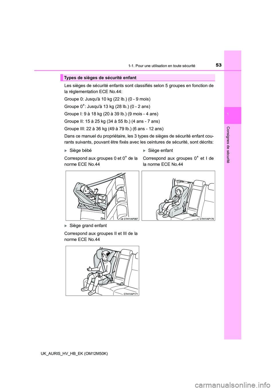TOYOTA AURIS 2018 Notices Demploi (in French) 531-1. Pour une utilisation en toute sécurité
1
Consignes de sécurité
UK_AURIS_HV_HB_EK (OM12M50K)
Les sièges de sécurité enfants sont classifiés selon 5 groupes en fonction de
la réglementa TOYOTA AURIS 2018 Notices Demploi (in French) 531-1. Pour une utilisation en toute sécurité
1
Consignes de sécurité
UK_AURIS_HV_HB_EK (OM12M50K)
Les sièges de sécurité enfants sont classifiés selon 5 groupes en fonction de
la réglementa