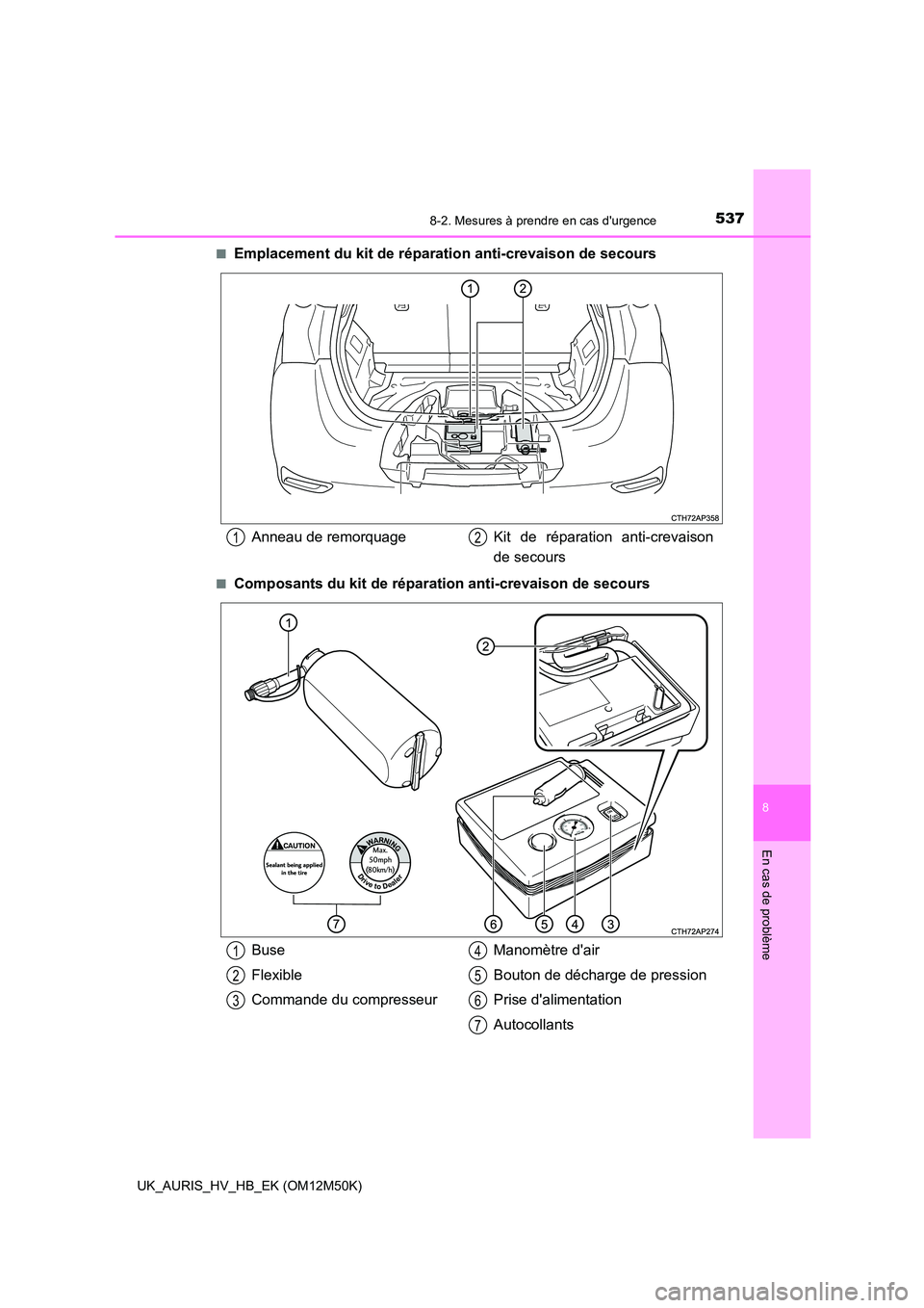 TOYOTA AURIS 2018 Notices Demploi (in French) 5378-2. Mesures à prendre en cas durgence
8
En cas de problème
UK_AURIS_HV_HB_EK (OM12M50K)
■Emplacement du kit de répara tion anti-crevaison de secours
■Composants du kit de réparation anti TOYOTA AURIS 2018 Notices Demploi (in French) 5378-2. Mesures à prendre en cas durgence
8
En cas de problème
UK_AURIS_HV_HB_EK (OM12M50K)
■Emplacement du kit de répara tion anti-crevaison de secours
■Composants du kit de réparation anti
