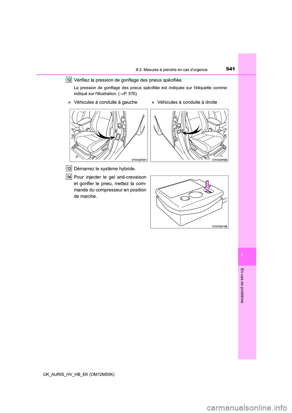 TOYOTA AURIS 2018 Notices Demploi (in French) 5418-2. Mesures à prendre en cas durgence
8
En cas de problème
UK_AURIS_HV_HB_EK (OM12M50K)
Vérifiez la pression de gonflage des pneus spécifiée.
La pression de gonflage des pneus spécifiée es TOYOTA AURIS 2018 Notices Demploi (in French) 5418-2. Mesures à prendre en cas durgence
8
En cas de problème
UK_AURIS_HV_HB_EK (OM12M50K)
Vérifiez la pression de gonflage des pneus spécifiée.
La pression de gonflage des pneus spécifiée es