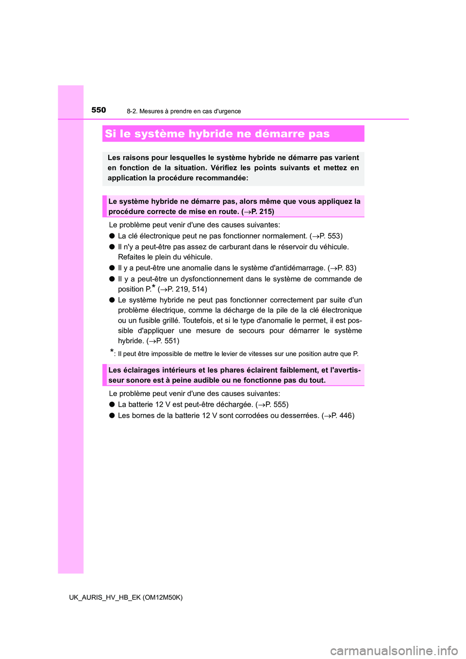 TOYOTA AURIS 2018 Notices Demploi (in French) 5508-2. Mesures à prendre en cas durgence
UK_AURIS_HV_HB_EK (OM12M50K)
Le problème peut venir dune des causes suivantes:
● La clé électronique peut ne pas fonctionner normalement. (P. 553) TOYOTA AURIS 2018 Notices Demploi (in French) 5508-2. Mesures à prendre en cas durgence
UK_AURIS_HV_HB_EK (OM12M50K)
Le problème peut venir dune des causes suivantes:
● La clé électronique peut ne pas fonctionner normalement. (P. 553)