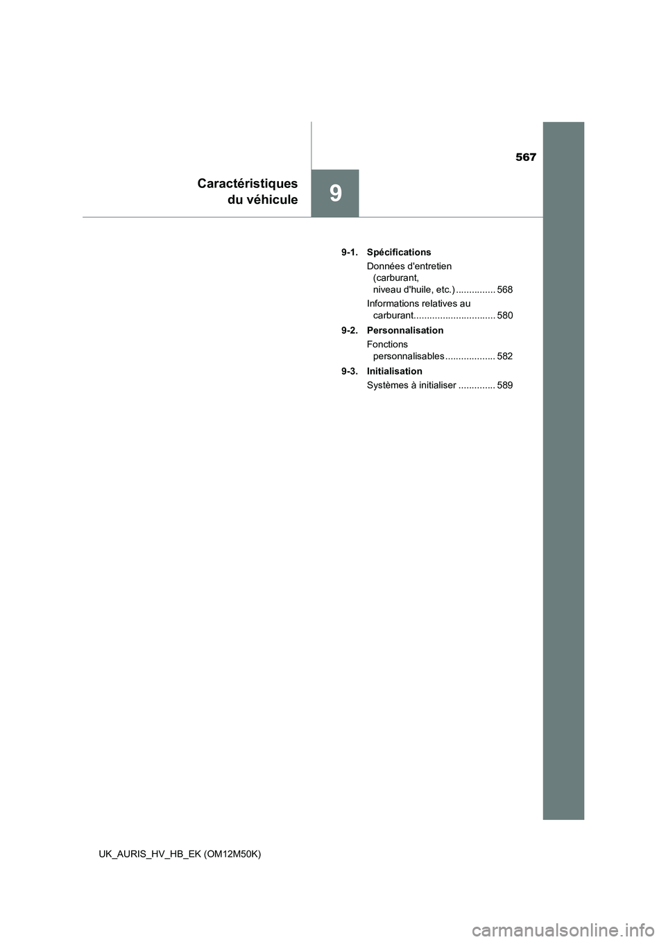 TOYOTA AURIS 2018 Notices Demploi (in French) 567
9
Caractéristiques
du véhicule
UK_AURIS_HV_HB_EK (OM12M50K)
9-1. Spécifications
Données dentretien
(carburant,
niveau dhuile, etc.) ............... 568
Informations relatives au
car TOYOTA AURIS 2018 Notices Demploi (in French) 567
9
Caractéristiques
du véhicule
UK_AURIS_HV_HB_EK (OM12M50K)
9-1. Spécifications
Données dentretien
(carburant,
niveau dhuile, etc.) ............... 568
Informations relatives au
car