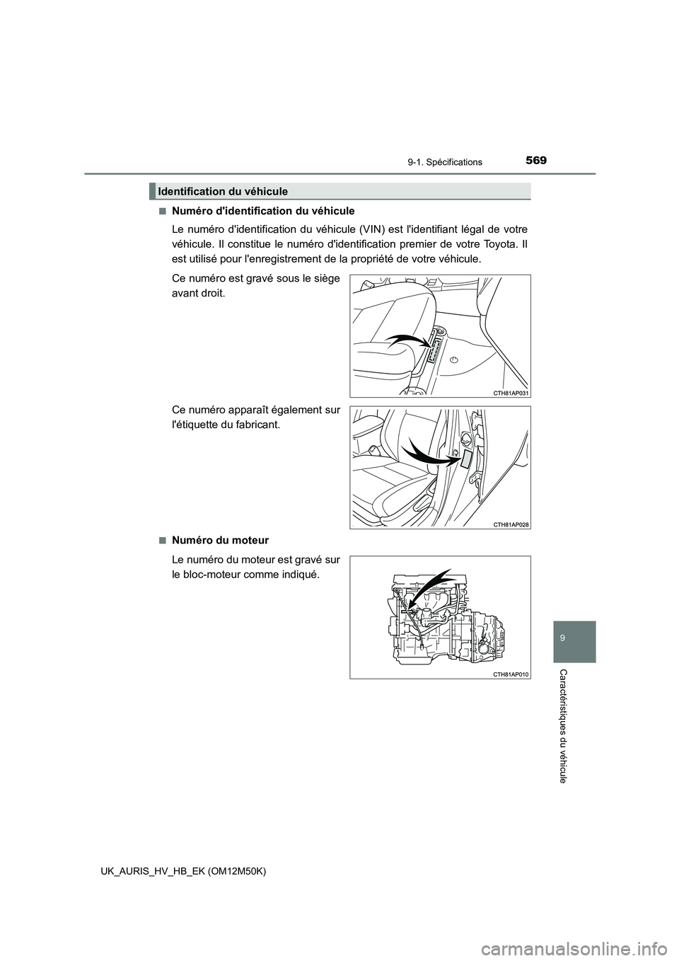 TOYOTA AURIS 2018 Notices Demploi (in French) 569
9
9-1. Spécifications
Caractéristiques du véhicule
UK_AURIS_HV_HB_EK (OM12M50K)
■Numéro didentification du véhicule
Le numéro didentification du véhicule (V IN) est lidentifiant lég TOYOTA AURIS 2018 Notices Demploi (in French) 569
9
9-1. Spécifications
Caractéristiques du véhicule
UK_AURIS_HV_HB_EK (OM12M50K)
■Numéro didentification du véhicule
Le numéro didentification du véhicule (V IN) est lidentifiant lég