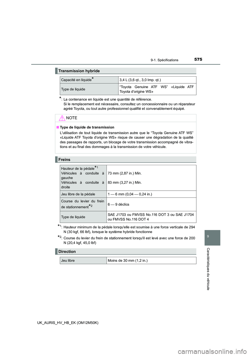 TOYOTA AURIS 2018 Notices Demploi (in French) 575
9
9-1. Spécifications
Caractéristiques du véhicule
UK_AURIS_HV_HB_EK (OM12M50K)
*: La contenance en liquide est une quantité de référence.
Si le remplacement est nécessaire, consultez un c TOYOTA AURIS 2018 Notices Demploi (in French) 575
9
9-1. Spécifications
Caractéristiques du véhicule
UK_AURIS_HV_HB_EK (OM12M50K)
*: La contenance en liquide est une quantité de référence.
Si le remplacement est nécessaire, consultez un c
