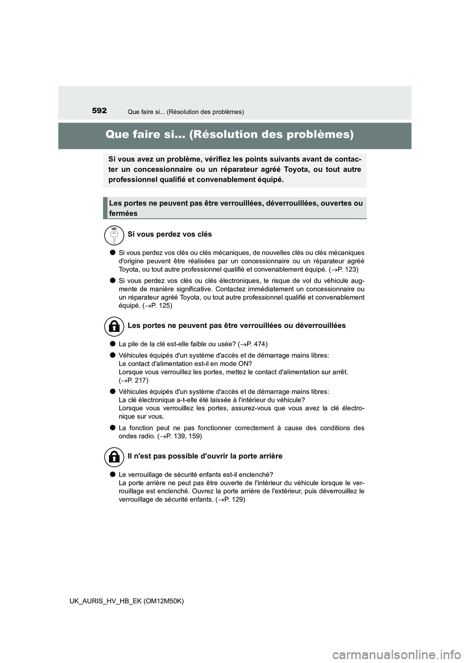 TOYOTA AURIS 2018 Notices Demploi (in French) 592
UK_AURIS_HV_HB_EK (OM12M50K)
Que faire si... (Résolution des problèmes)
Que faire si... (Résolution des problèmes)
●Si vous perdez vos clés ou clés mécaniques, de nouvelles clés ou clés TOYOTA AURIS 2018 Notices Demploi (in French) 592
UK_AURIS_HV_HB_EK (OM12M50K)
Que faire si... (Résolution des problèmes)
Que faire si... (Résolution des problèmes)
●Si vous perdez vos clés ou clés mécaniques, de nouvelles clés ou clés