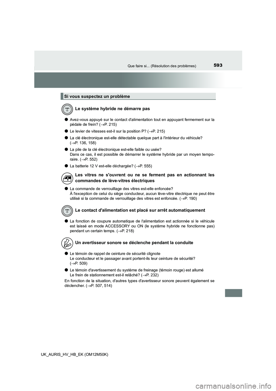 TOYOTA AURIS 2018 Notices Demploi (in French) 593Que faire si... (Résolution des problèmes)
UK_AURIS_HV_HB_EK (OM12M50K)
●Avez-vous appuyé sur le contact dalimentation tout en appuyant fermement sur la
pédale de frein? ( P. 215)
●Le TOYOTA AURIS 2018 Notices Demploi (in French) 593Que faire si... (Résolution des problèmes)
UK_AURIS_HV_HB_EK (OM12M50K)
●Avez-vous appuyé sur le contact dalimentation tout en appuyant fermement sur la
pédale de frein? ( P. 215)
●Le