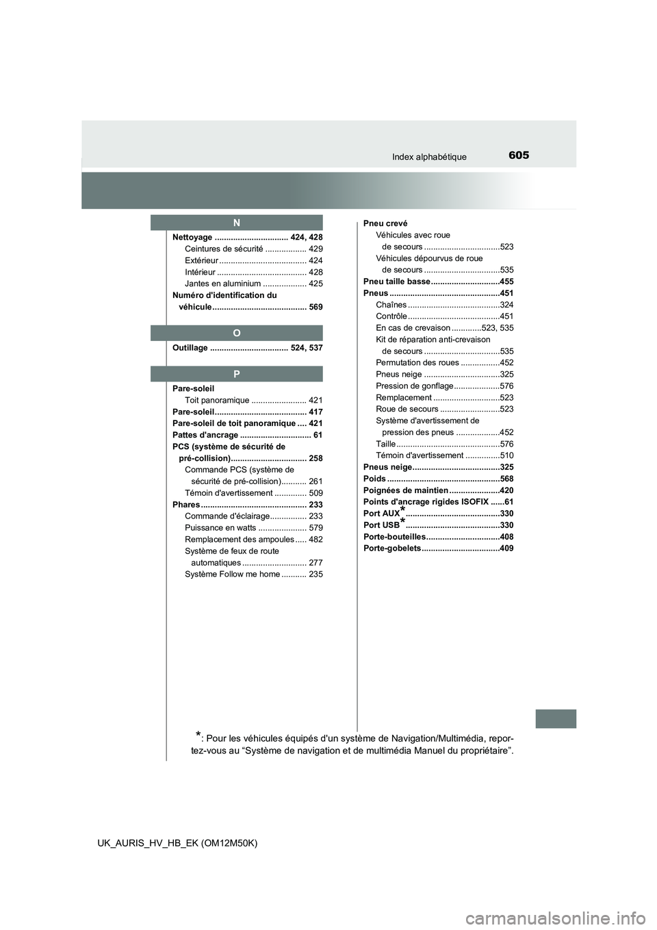 TOYOTA AURIS 2018  Notices Demploi (in French) 605Index alphabétique
UK_AURIS_HV_HB_EK (OM12M50K)
Nettoyage ................................ 424, 428 
Ceintures de sécurité .................. 429
Extérieur .....................................