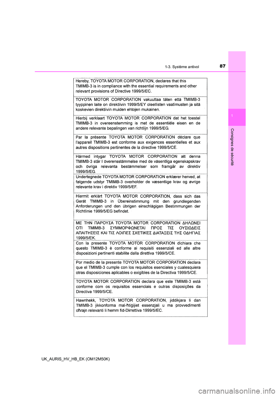 TOYOTA AURIS 2018  Notices Demploi (in French) 871-3. Système antivol
1
Consignes de sécurité
UK_AURIS_HV_HB_EK (OM12M50K) 