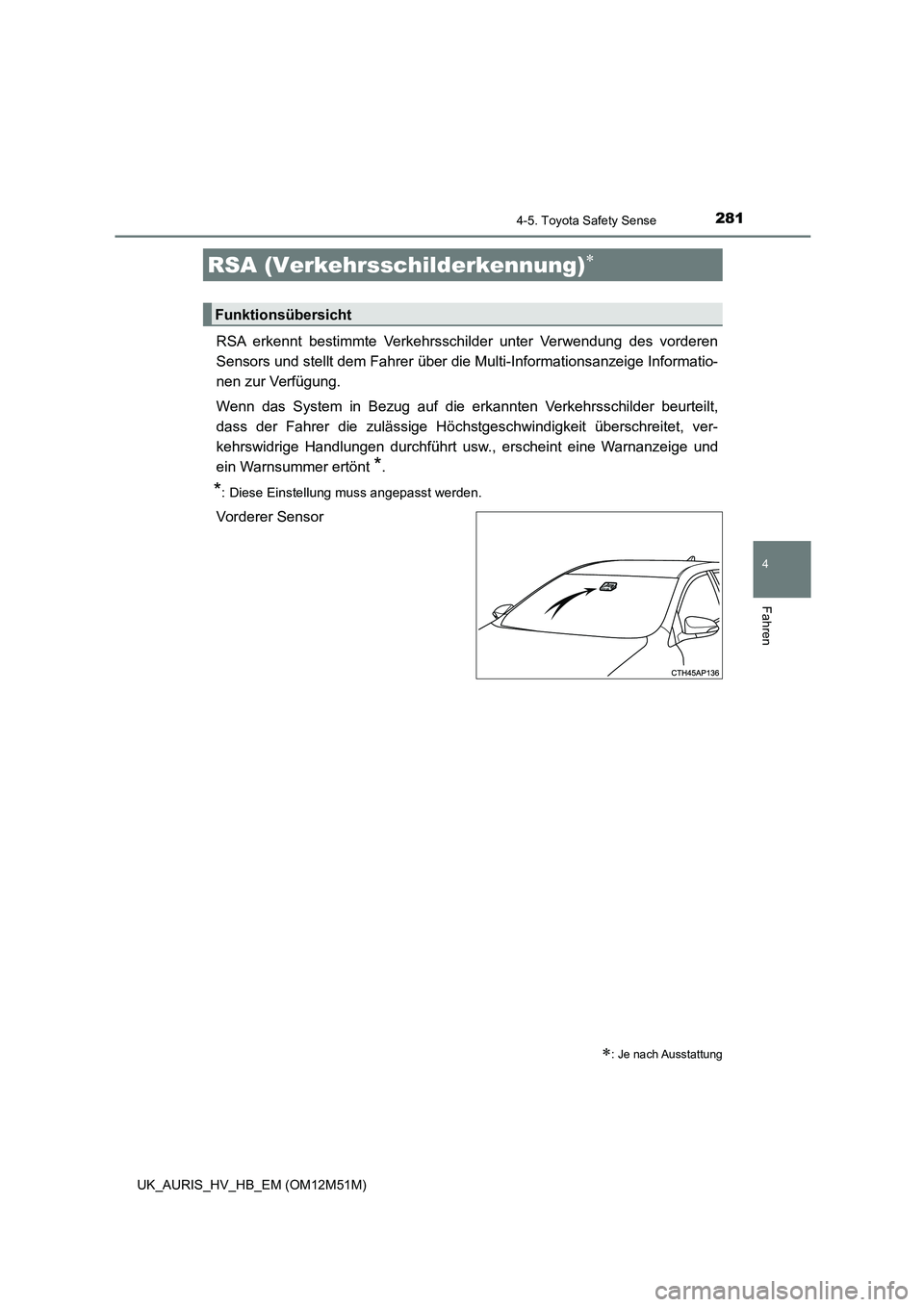 TOYOTA AURIS 2018 Betriebsanleitungen (in German) 2814-5. Toyota Safety Sense
4
Fahren
UK_AURIS_HV_HB_EM (OM12M51M)
RSA erkennt bestimmte Verkehrsschilder unter Verwendung des vorderen
Sensors und stellt dem Fahrer über die Multi-Informationsanzei TOYOTA AURIS 2018 Betriebsanleitungen (in German) 2814-5. Toyota Safety Sense
4
Fahren
UK_AURIS_HV_HB_EM (OM12M51M)
RSA erkennt bestimmte Verkehrsschilder unter Verwendung des vorderen
Sensors und stellt dem Fahrer über die Multi-Informationsanzei