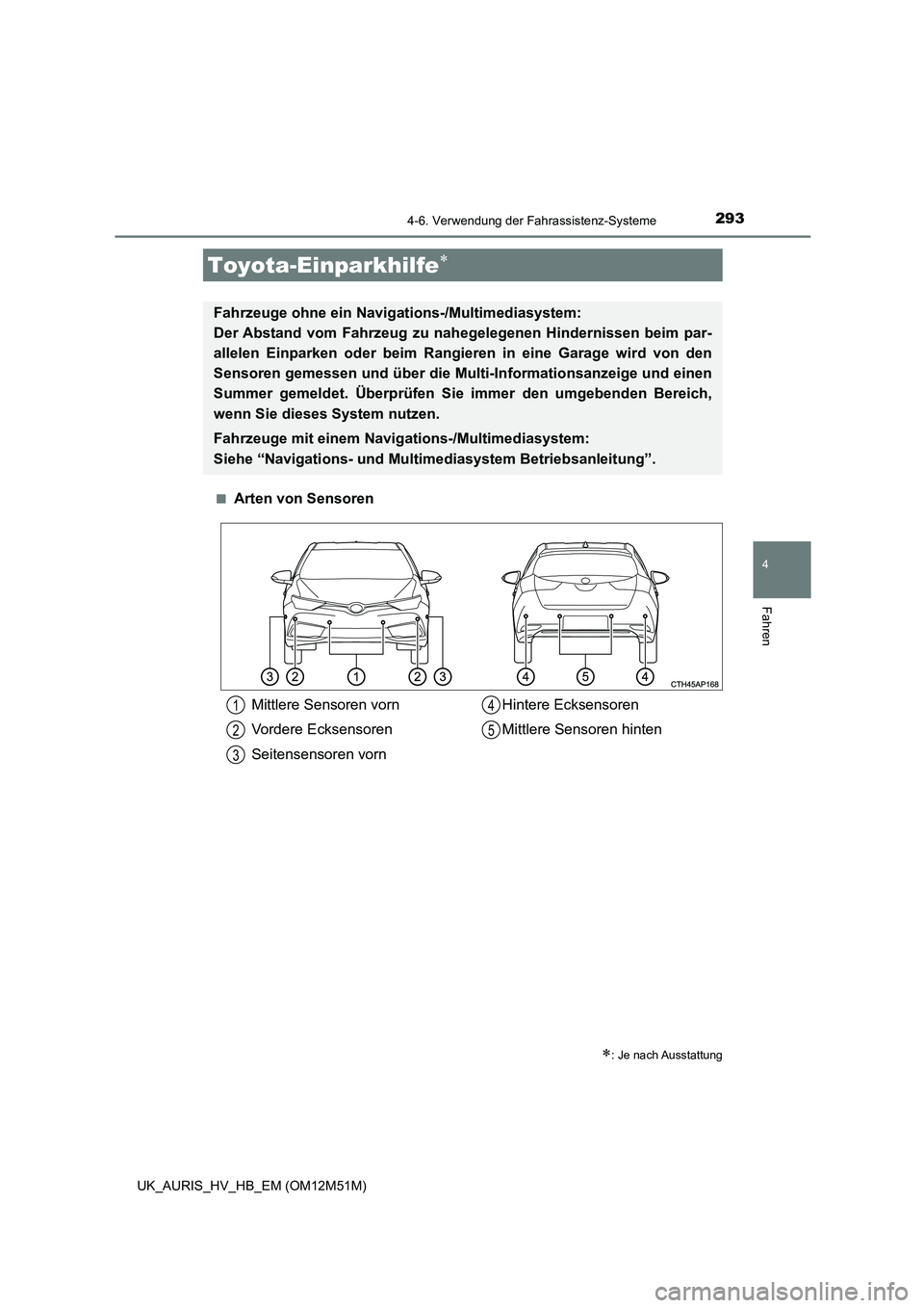 TOYOTA AURIS 2018 Betriebsanleitungen (in German) 2934-6. Verwendung der Fahrassistenz-Systeme
4
Fahren
UK_AURIS_HV_HB_EM (OM12M51M)
■Arten von Sensoren
Toyota-Einparkhilfe
: Je nach Ausstattung
Fahrzeuge ohne ein Navig ations-/Multimediasys TOYOTA AURIS 2018 Betriebsanleitungen (in German) 2934-6. Verwendung der Fahrassistenz-Systeme
4
Fahren
UK_AURIS_HV_HB_EM (OM12M51M)
■Arten von Sensoren
Toyota-Einparkhilfe
: Je nach Ausstattung
Fahrzeuge ohne ein Navig ations-/Multimediasys