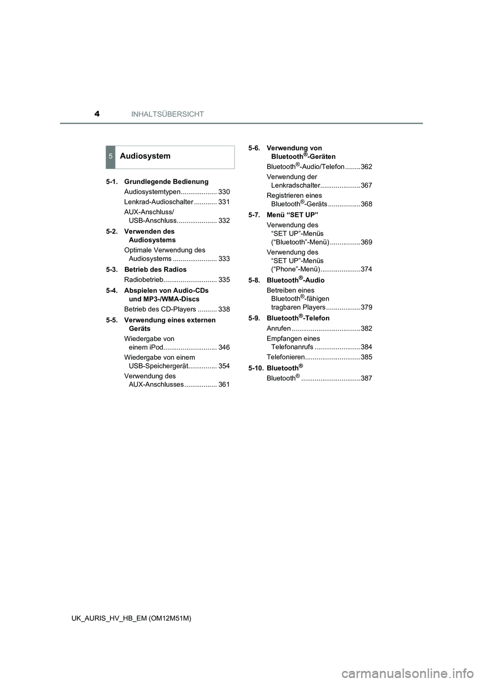 TOYOTA AURIS 2018  Betriebsanleitungen (in German) INHALTSÜBERSICHT4
UK_AURIS_HV_HB_EM (OM12M51M) 
5-1. Grundlegende Bedienung 
Audiosystemtypen................... 330 
Lenkrad-Audioschalter ............ 331
AUX-Anschluss/ 
USB-Anschluss.............