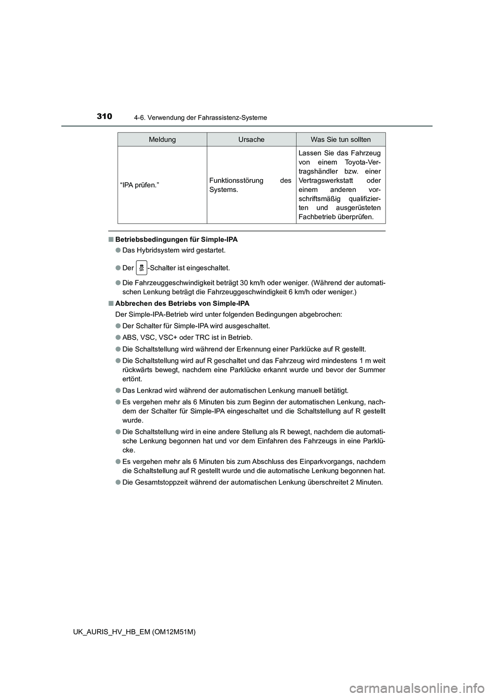 TOYOTA AURIS 2018 Betriebsanleitungen (in German) 3104-6. Verwendung der Fahrassistenz-Systeme
UK_AURIS_HV_HB_EM (OM12M51M)
■Betriebsbedingungen für Simple-IPA
● Das Hybridsystem wird gestartet.
● Der -Schalter ist eingeschaltet.
● Die F TOYOTA AURIS 2018 Betriebsanleitungen (in German) 3104-6. Verwendung der Fahrassistenz-Systeme
UK_AURIS_HV_HB_EM (OM12M51M)
■Betriebsbedingungen für Simple-IPA
● Das Hybridsystem wird gestartet.
● Der -Schalter ist eingeschaltet.
● Die F