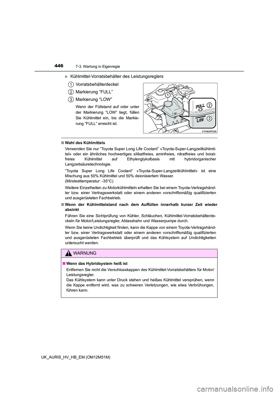 TOYOTA AURIS 2018 Betriebsanleitungen (in German) 4467-3. Wartung in Eigenregie
UK_AURIS_HV_HB_EM (OM12M51M)
Kühlmittel-Vorratsbehälter des Leistungsreglers
Vorratsbehälterdeckel
Markierung “FULL”
Markierung “LOW”
Wenn der Füllstand TOYOTA AURIS 2018 Betriebsanleitungen (in German) 4467-3. Wartung in Eigenregie
UK_AURIS_HV_HB_EM (OM12M51M)
Kühlmittel-Vorratsbehälter des Leistungsreglers
Vorratsbehälterdeckel
Markierung “FULL”
Markierung “LOW”
Wenn der Füllstand
