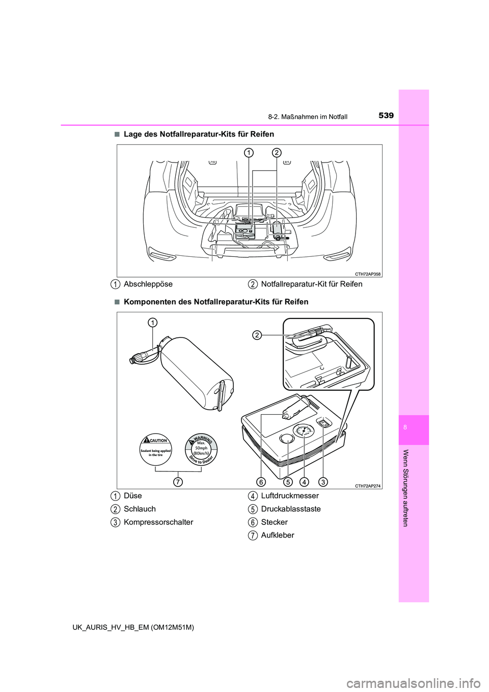 TOYOTA AURIS 2018 Betriebsanleitungen (in German) 5398-2. Maßnahmen im Notfall
8
Wenn Störungen auftreten
UK_AURIS_HV_HB_EM (OM12M51M)
■Lage des Notfallreparatur-Kits für Reifen
■Komponenten des Notfallrep aratur-Kits für Reifen
Abschleppös TOYOTA AURIS 2018 Betriebsanleitungen (in German) 5398-2. Maßnahmen im Notfall
8
Wenn Störungen auftreten
UK_AURIS_HV_HB_EM (OM12M51M)
■Lage des Notfallreparatur-Kits für Reifen
■Komponenten des Notfallrep aratur-Kits für Reifen
Abschleppös