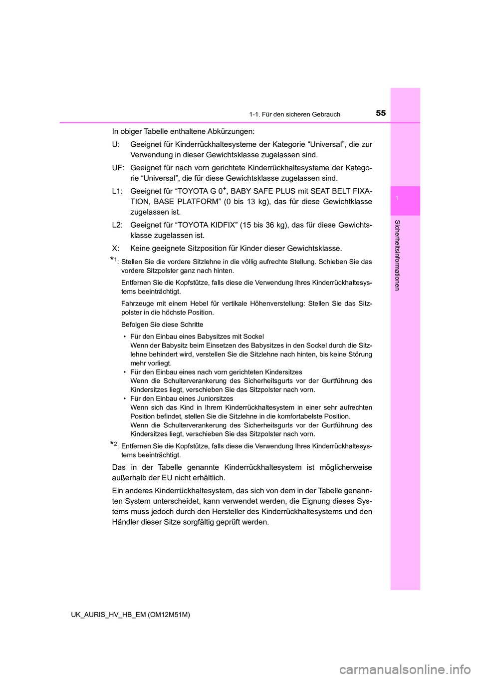 TOYOTA AURIS 2018 Betriebsanleitungen (in German) 551-1. Für den sicheren Gebrauch
1
Sicherheitsinformationen
UK_AURIS_HV_HB_EM (OM12M51M)
In obiger Tabelle enthaltene Abkürzungen:
U: Geeignet für Kinderrückhaltesysteme der Kategorie “Universa TOYOTA AURIS 2018 Betriebsanleitungen (in German) 551-1. Für den sicheren Gebrauch
1
Sicherheitsinformationen
UK_AURIS_HV_HB_EM (OM12M51M)
In obiger Tabelle enthaltene Abkürzungen:
U: Geeignet für Kinderrückhaltesysteme der Kategorie “Universa