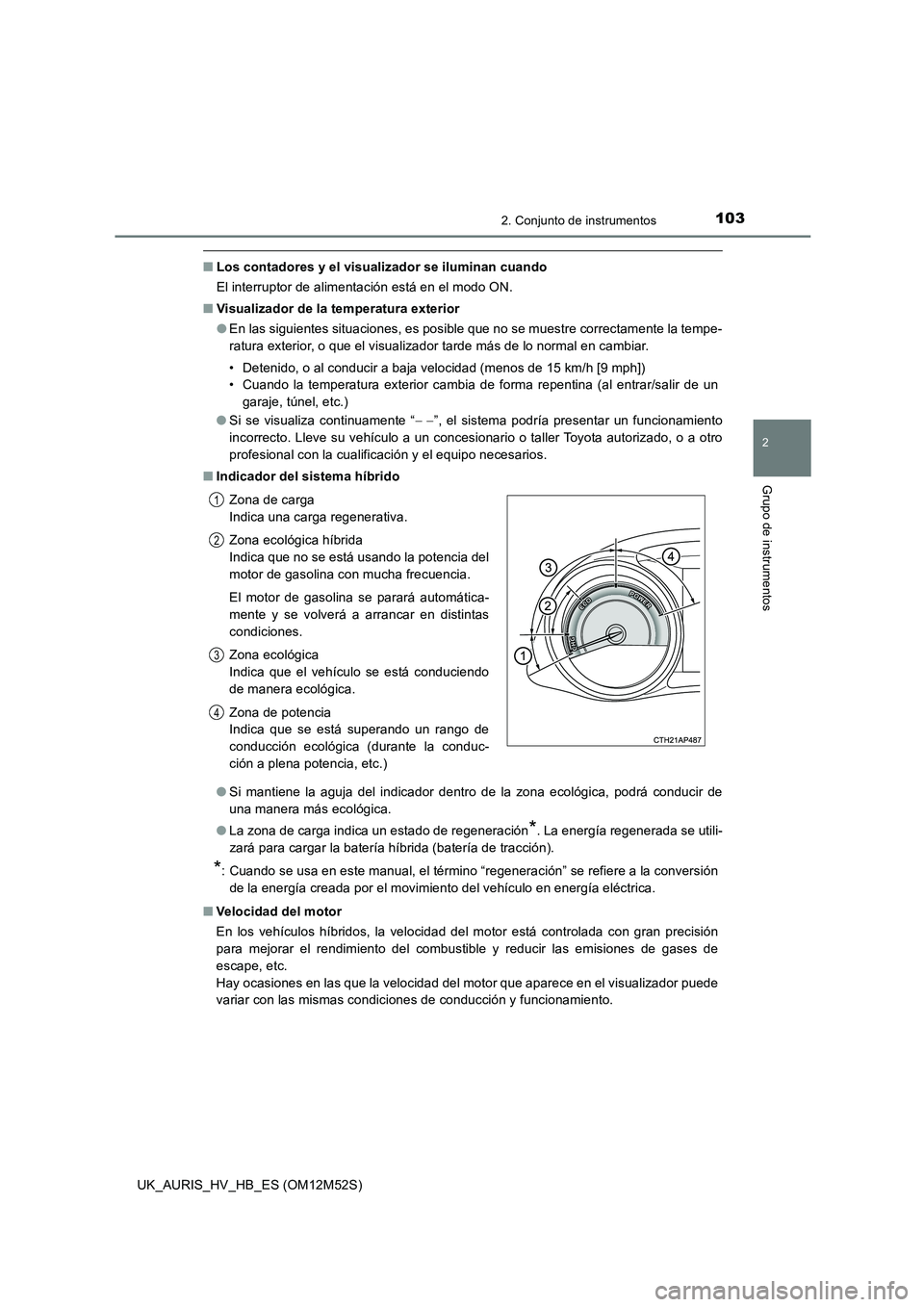 TOYOTA AURIS 2018 Manuale de Empleo (in Spanish) 1032. Conjunto de instrumentos
2
Grupo de instrumentos
UK_AURIS_HV_HB_ES (OM12M52S)
■Los contadores y el visualizador se iluminan cuando
El interruptor de alimentación está en el modo ON.
■ Vi TOYOTA AURIS 2018 Manuale de Empleo (in Spanish) 1032. Conjunto de instrumentos
2
Grupo de instrumentos
UK_AURIS_HV_HB_ES (OM12M52S)
■Los contadores y el visualizador se iluminan cuando
El interruptor de alimentación está en el modo ON.
■ Vi