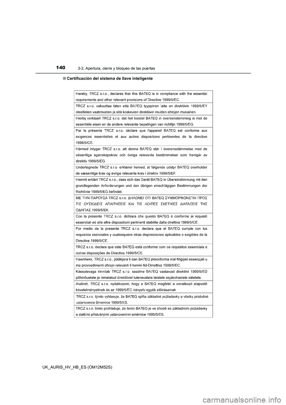 TOYOTA AURIS 2018 Manuale de Empleo (in Spanish) 1403-2. Apertura, cierre y bloqueo de las puertas
UK_AURIS_HV_HB_ES (OM12M52S)
■ Certificación del sistema de llave inteligente TOYOTA AURIS 2018 Manuale de Empleo (in Spanish) 1403-2. Apertura, cierre y bloqueo de las puertas
UK_AURIS_HV_HB_ES (OM12M52S)
■ Certificación del sistema de llave inteligente