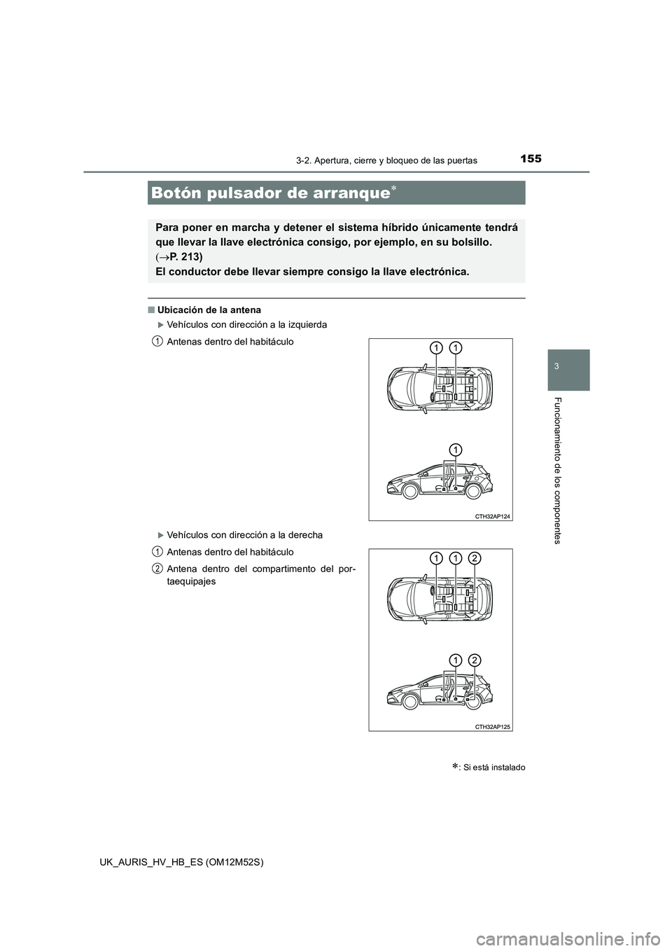 TOYOTA AURIS 2018 Manuale de Empleo (in Spanish) 1553-2. Apertura, cierre y bloqueo de las puertas
3
Funcionamiento de los componentes
UK_AURIS_HV_HB_ES (OM12M52S)
■Ubicación de la antena
Vehículos con dirección a la izquierda
Vehículos TOYOTA AURIS 2018 Manuale de Empleo (in Spanish) 1553-2. Apertura, cierre y bloqueo de las puertas
3
Funcionamiento de los componentes
UK_AURIS_HV_HB_ES (OM12M52S)
■Ubicación de la antena
Vehículos con dirección a la izquierda
Vehículos