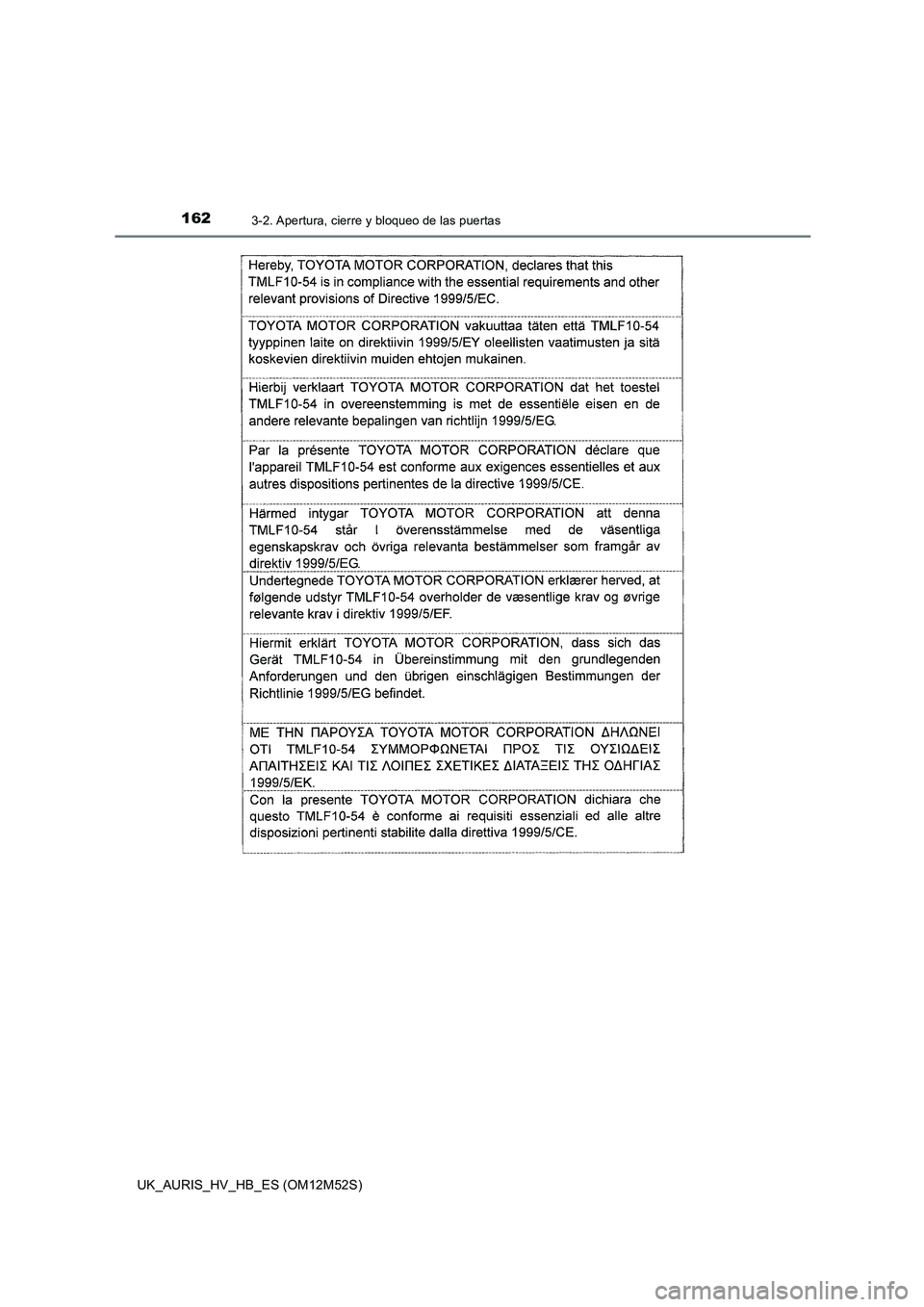 TOYOTA AURIS 2018  Manuale de Empleo (in Spanish) 1623-2. Apertura, cierre y bloqueo de las puertas
UK_AURIS_HV_HB_ES (OM12M52S) 