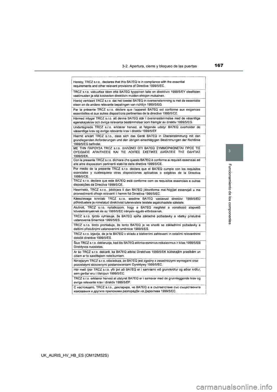 TOYOTA AURIS 2018  Manuale de Empleo (in Spanish) 1673-2. Apertura, cierre y bloqueo de las puertas
3
Funcionamiento de los componentes
UK_AURIS_HV_HB_ES (OM12M52S) 