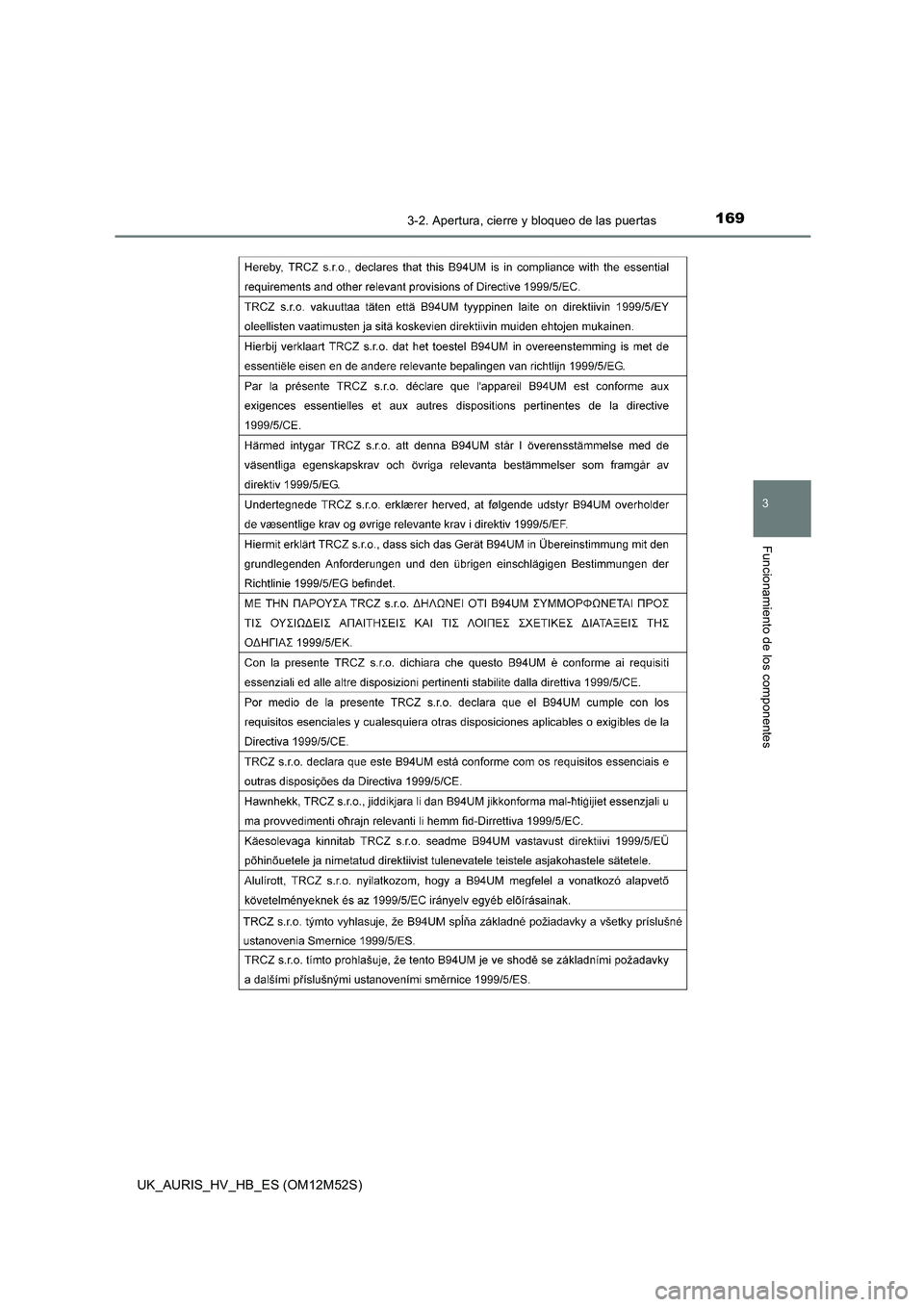 TOYOTA AURIS 2018  Manuale de Empleo (in Spanish) 1693-2. Apertura, cierre y bloqueo de las puertas
3
Funcionamiento de los componentes
UK_AURIS_HV_HB_ES (OM12M52S) 