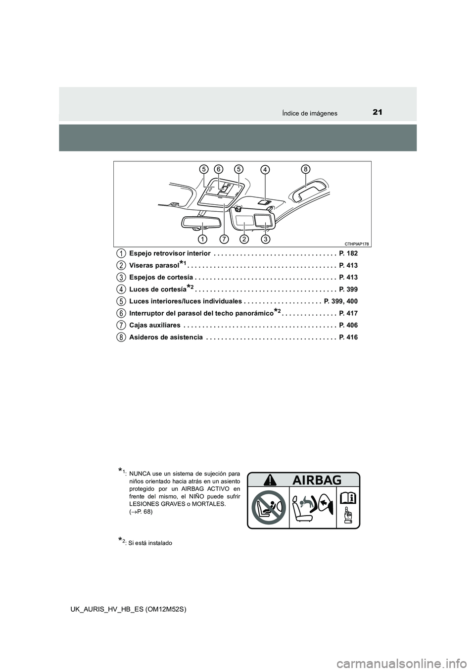 TOYOTA AURIS 2018 Manuale de Empleo (in Spanish) 21Índice de imágenes
UK_AURIS_HV_HB_ES (OM12M52S)
Espejo retrovisor interior . . . . . . . . . . . . . . . . . . . . . . . . . . . . . . . . . P. 182
Viseras parasol*1. . . . . . . . . . . . . . TOYOTA AURIS 2018 Manuale de Empleo (in Spanish) 21Índice de imágenes
UK_AURIS_HV_HB_ES (OM12M52S)
Espejo retrovisor interior . . . . . . . . . . . . . . . . . . . . . . . . . . . . . . . . . P. 182
Viseras parasol*1. . . . . . . . . . . . . .
