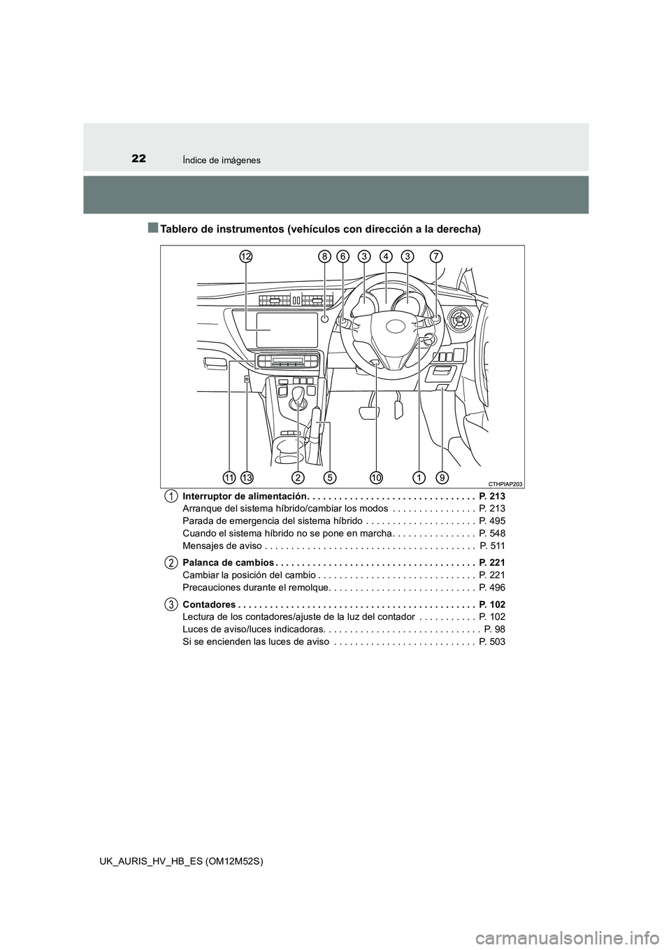 TOYOTA AURIS 2018 Manuale de Empleo (in Spanish) 22Índice de imágenes
UK_AURIS_HV_HB_ES (OM12M52S)
■Tablero de instrumentos (vehículos con dirección a la derecha)
Interruptor de alimentación . . . . . . . . . . . . . . . . . . . . . . . . . . TOYOTA AURIS 2018 Manuale de Empleo (in Spanish) 22Índice de imágenes
UK_AURIS_HV_HB_ES (OM12M52S)
■Tablero de instrumentos (vehículos con dirección a la derecha)
Interruptor de alimentación . . . . . . . . . . . . . . . . . . . . . . . . . .