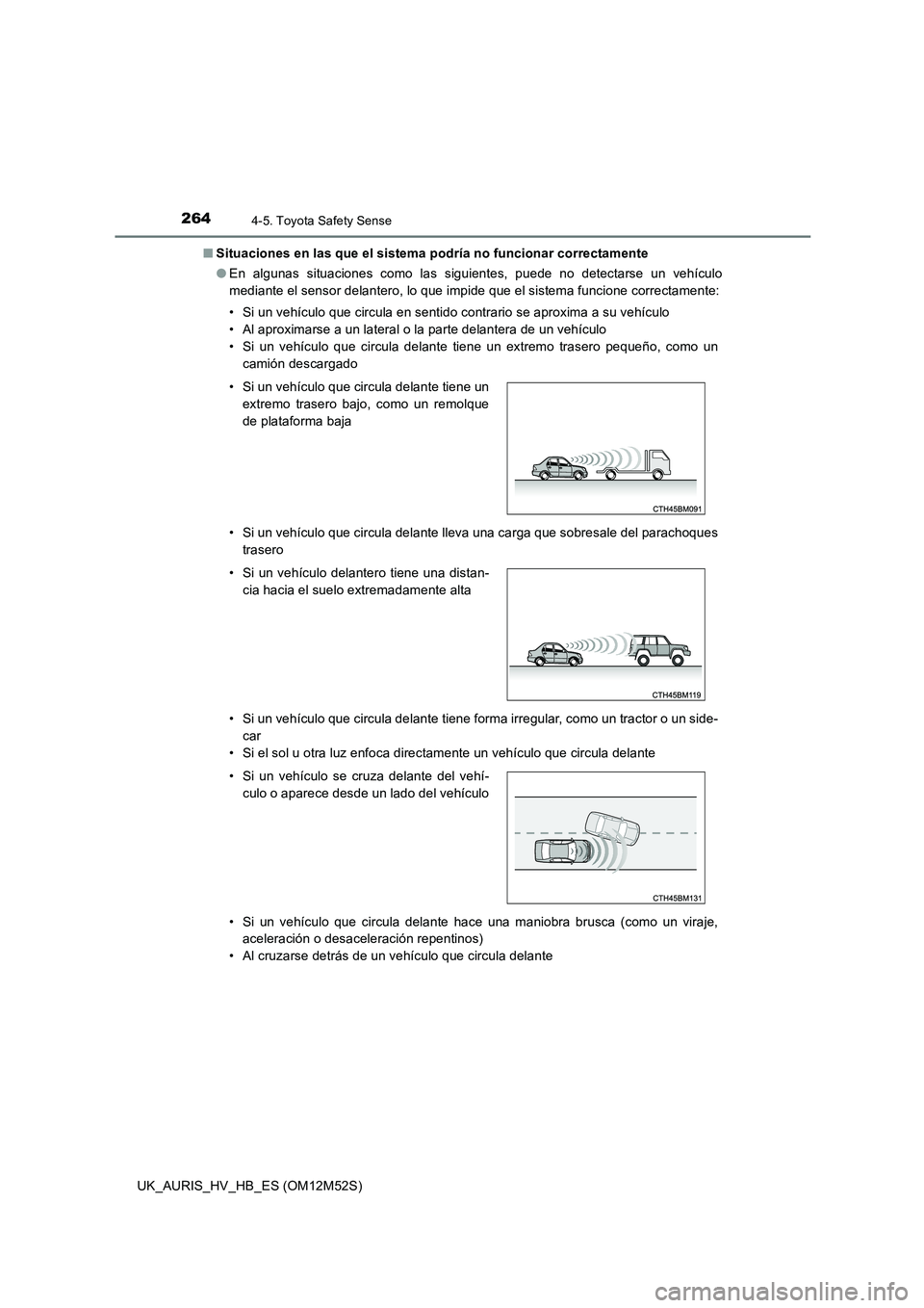 TOYOTA AURIS 2018 Manuale de Empleo (in Spanish) 2644-5. Toyota Safety Sense
UK_AURIS_HV_HB_ES (OM12M52S)
■ Situaciones en las que el sistema podría no funcionar correctamente
● En algunas situaciones como las siguientes, puede no detectarse TOYOTA AURIS 2018 Manuale de Empleo (in Spanish) 2644-5. Toyota Safety Sense
UK_AURIS_HV_HB_ES (OM12M52S)
■ Situaciones en las que el sistema podría no funcionar correctamente
● En algunas situaciones como las siguientes, puede no detectarse