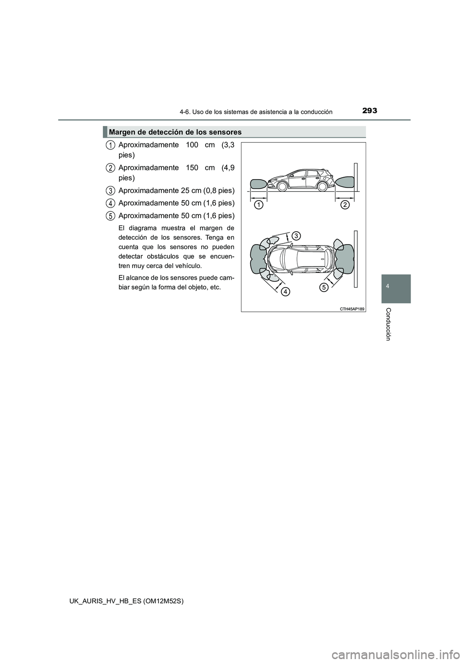 TOYOTA AURIS 2018  Manuale de Empleo (in Spanish) 2934-6. Uso de los sistemas de asistencia a la conducción
4
Conducción
UK_AURIS_HV_HB_ES (OM12M52S)
Aproximadamente 100 cm (3,3 
pies) 
Aproximadamente 150 cm (4,9 
pies) 
Aproximadamente 25 cm (0,8