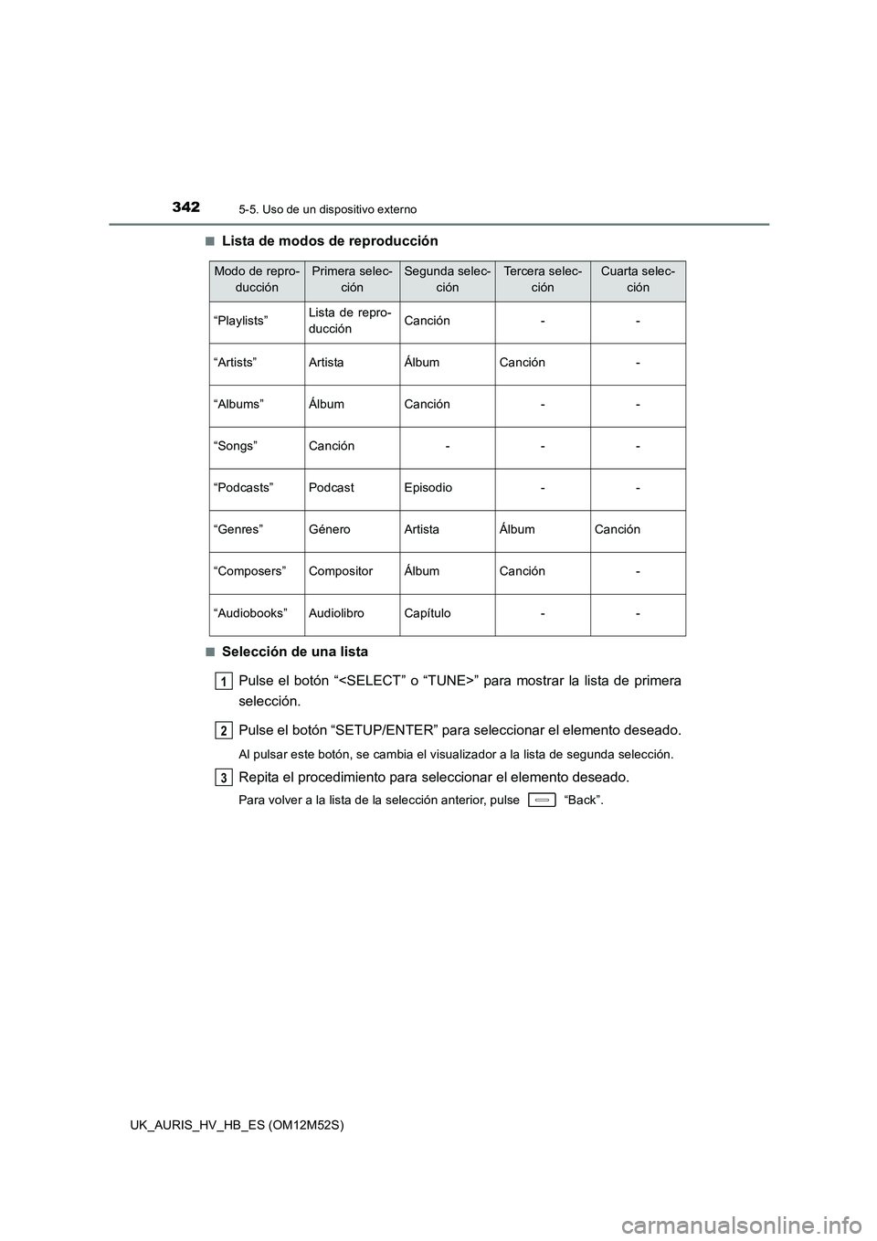 TOYOTA AURIS 2018  Manuale de Empleo (in Spanish) 3425-5. Uso de un dispositivo externo
UK_AURIS_HV_HB_ES (OM12M52S) 
■Lista de modos de reproducción
■Selección de una lista 
Pulse el botón “<SELECT” o “TUNE>” para mostrar la lista de 