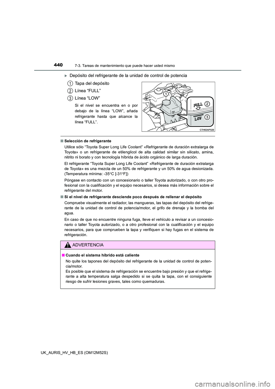 TOYOTA AURIS 2018 Manuale de Empleo (in Spanish) 4407-3. Tareas de mantenimiento que puede hacer usted mismo
UK_AURIS_HV_HB_ES (OM12M52S)
Depósito del refrigerante de la unidad de control de potencia
Tapa del depósito
Línea “FULL”
Línea TOYOTA AURIS 2018 Manuale de Empleo (in Spanish) 4407-3. Tareas de mantenimiento que puede hacer usted mismo
UK_AURIS_HV_HB_ES (OM12M52S)
Depósito del refrigerante de la unidad de control de potencia
Tapa del depósito
Línea “FULL”
Línea