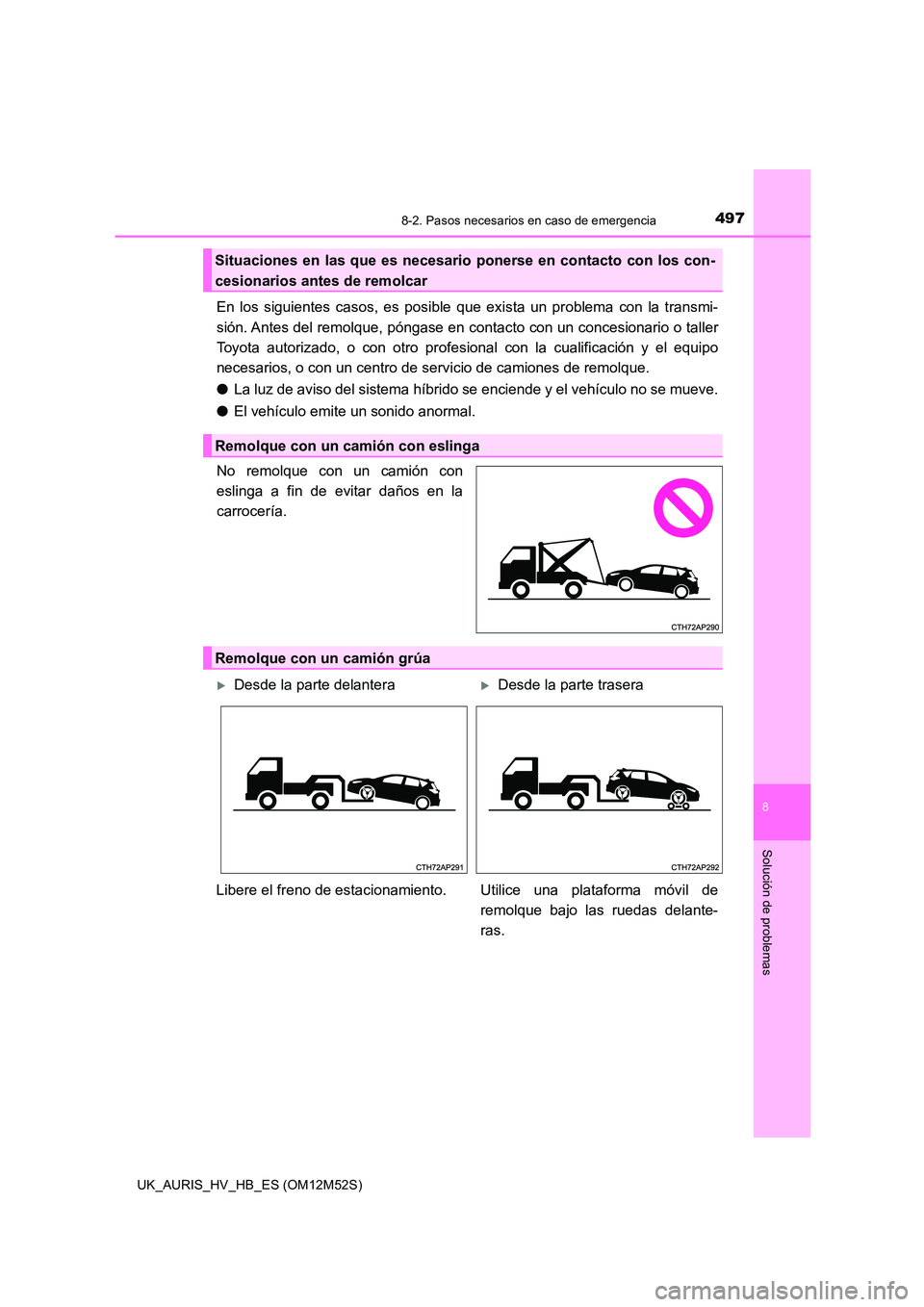 TOYOTA AURIS 2018 Manuale de Empleo (in Spanish) 4978-2. Pasos necesarios en caso de emergencia
8
Solución de problemas
UK_AURIS_HV_HB_ES (OM12M52S)
En los siguientes casos, es posible que exista un problema con la transmi-
sión. Antes del remolq TOYOTA AURIS 2018 Manuale de Empleo (in Spanish) 4978-2. Pasos necesarios en caso de emergencia
8
Solución de problemas
UK_AURIS_HV_HB_ES (OM12M52S)
En los siguientes casos, es posible que exista un problema con la transmi-
sión. Antes del remolq