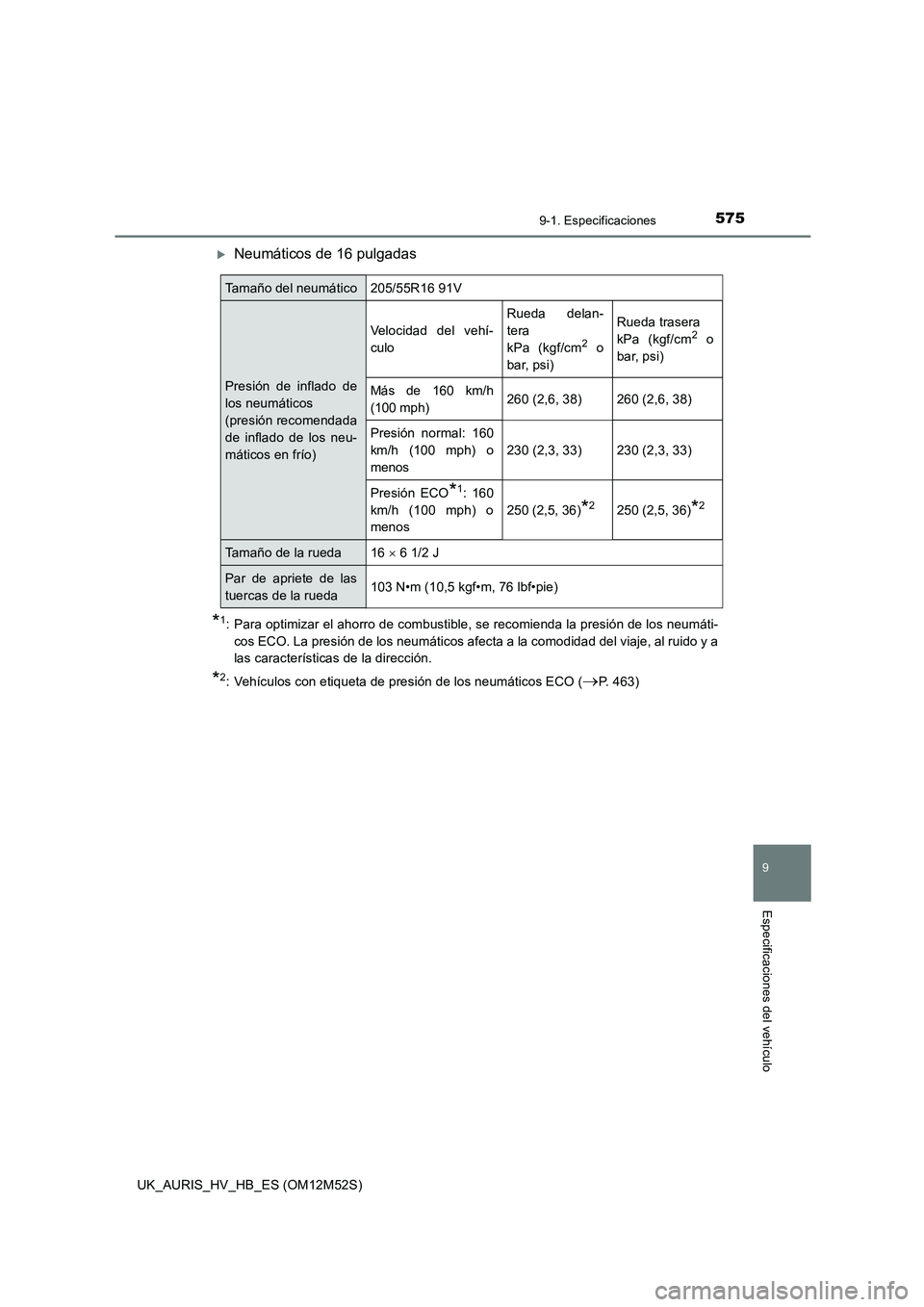 TOYOTA AURIS 2018 Manuale de Empleo (in Spanish) 575
9
9-1. Especificaciones
Especificaciones del vehículo
UK_AURIS_HV_HB_ES (OM12M52S)
Neumáticos de 16 pulgadas
*1: Para optimizar el ahorro de combustible, se recomienda la presión de los neum TOYOTA AURIS 2018 Manuale de Empleo (in Spanish) 575
9
9-1. Especificaciones
Especificaciones del vehículo
UK_AURIS_HV_HB_ES (OM12M52S)
Neumáticos de 16 pulgadas
*1: Para optimizar el ahorro de combustible, se recomienda la presión de los neum