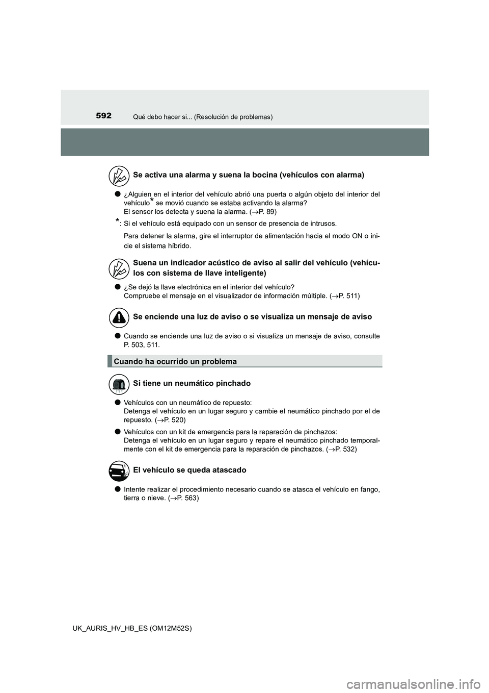 TOYOTA AURIS 2018 Manuale de Empleo (in Spanish) 592Qué debo hacer si... (Resolución de problemas)
UK_AURIS_HV_HB_ES (OM12M52S)
●¿Alguien en el interior del vehículo abrió una puerta o algún objeto del interior del
vehículo* se movió cuan TOYOTA AURIS 2018 Manuale de Empleo (in Spanish) 592Qué debo hacer si... (Resolución de problemas)
UK_AURIS_HV_HB_ES (OM12M52S)
●¿Alguien en el interior del vehículo abrió una puerta o algún objeto del interior del
vehículo* se movió cuan