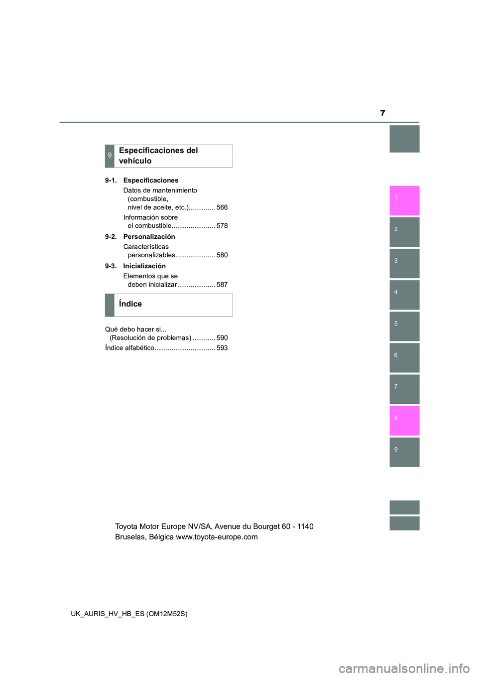 TOYOTA AURIS 2018  Manuale de Empleo (in Spanish) 7
1 
8 
7
6
5
4
3
2
UK_AURIS_HV_HB_ES (OM12M52S)
9
9-1. Especificaciones 
Datos de mantenimiento  
(combustible,  
nivel de aceite, etc.).............. 566 
Información sobre  
el combustible........