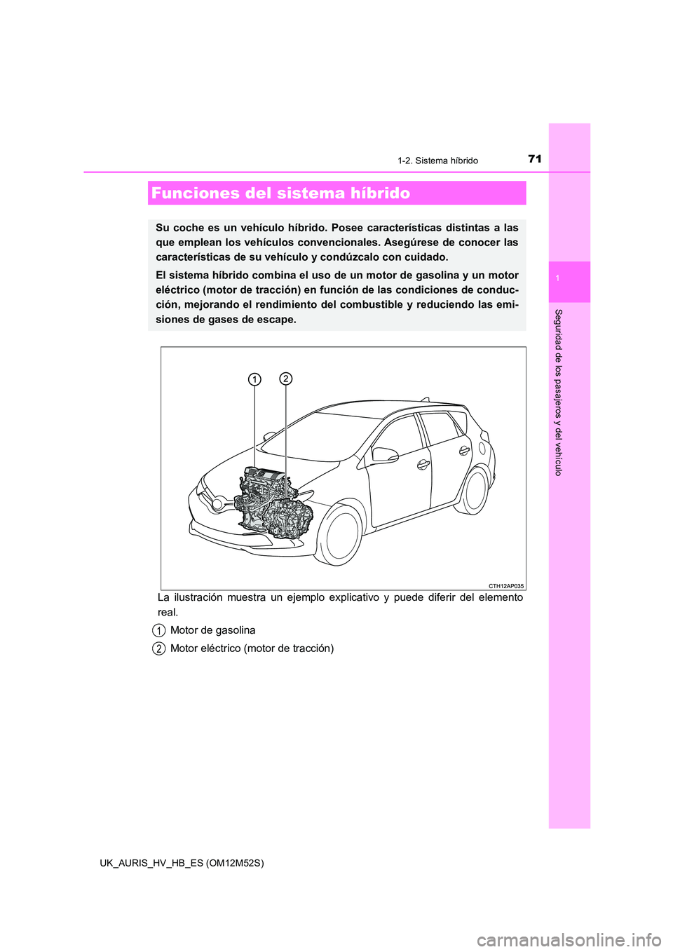 TOYOTA AURIS 2018 Manuale de Empleo (in Spanish) 71
1
Seguridad de los pasajeros y del vehículo
UK_AURIS_HV_HB_ES (OM12M52S)
1-2. Sistema híbrido
La ilustración muestra un ejemplo explicativo y puede diferir del elemento
real.
Motor de gasolina TOYOTA AURIS 2018 Manuale de Empleo (in Spanish) 71
1
Seguridad de los pasajeros y del vehículo
UK_AURIS_HV_HB_ES (OM12M52S)
1-2. Sistema híbrido
La ilustración muestra un ejemplo explicativo y puede diferir del elemento
real.
Motor de gasolina