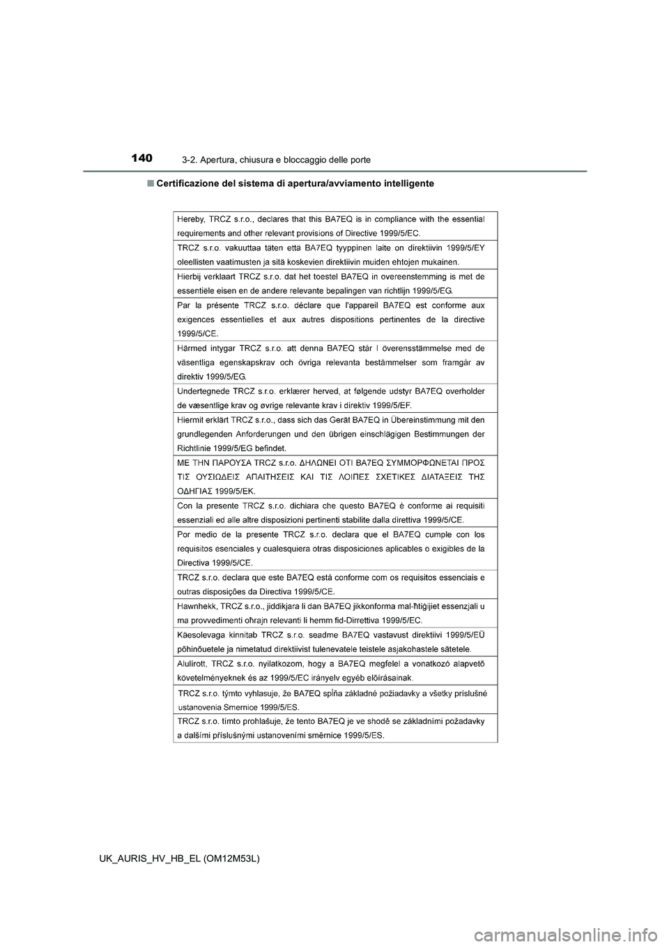TOYOTA AURIS 2018 Manuale duso (in Italian) 1403-2. Apertura, chiusura e bloccaggio delle porte
UK_AURIS_HV_HB_EL (OM12M53L)
■ Certificazione del sistema di apertura/avviamento intelligente TOYOTA AURIS 2018 Manuale duso (in Italian) 1403-2. Apertura, chiusura e bloccaggio delle porte
UK_AURIS_HV_HB_EL (OM12M53L)
■ Certificazione del sistema di apertura/avviamento intelligente