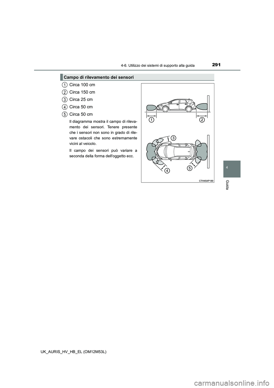 TOYOTA AURIS 2018 Manuale duso (in Italian) 2914-6. Utilizzo dei sistemi di supporto alla guida
4
Guida
UK_AURIS_HV_HB_EL (OM12M53L)
Circa 100 cm
Circa 150 cm
Circa 25 cm
Circa 50 cm
Circa 50 cm
Il diagramma mostra il campo di rileva-
mento TOYOTA AURIS 2018 Manuale duso (in Italian) 2914-6. Utilizzo dei sistemi di supporto alla guida
4
Guida
UK_AURIS_HV_HB_EL (OM12M53L)
Circa 100 cm
Circa 150 cm
Circa 25 cm
Circa 50 cm
Circa 50 cm
Il diagramma mostra il campo di rileva-
mento