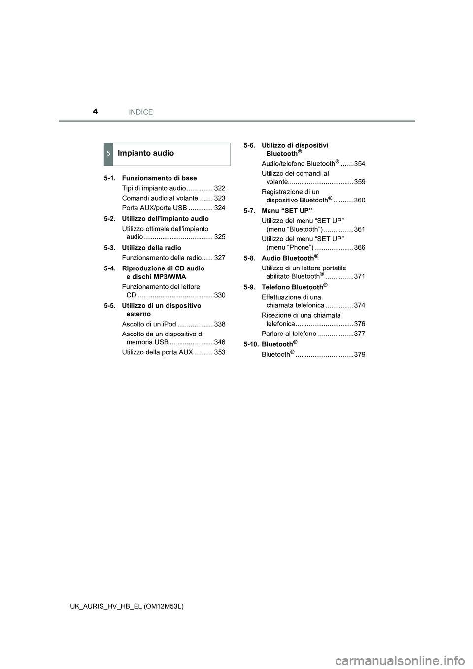TOYOTA AURIS 2018  Manuale duso (in Italian) INDICE4
UK_AURIS_HV_HB_EL (OM12M53L) 
5-1.  Funzionamento di base 
Tipi di impianto audio .............. 322 
Comandi audio al volante ....... 323
Porta AUX/porta USB ............. 324 
5-2. Utilizzo 