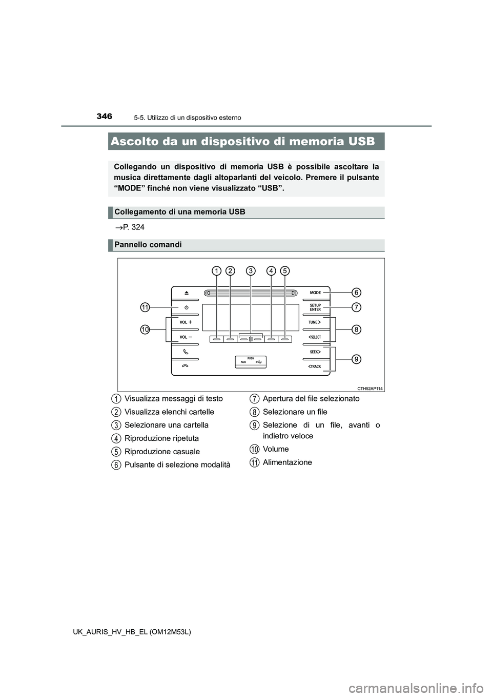 TOYOTA AURIS 2018 Manuale duso (in Italian) 3465-5. Utilizzo di un dispositivo esterno
UK_AURIS_HV_HB_EL (OM12M53L)
P. 324
Ascolto da un dispositivo di memoria USB
Collegando un dispositivo di memoria USB è possibile ascoltare la
musica di TOYOTA AURIS 2018 Manuale duso (in Italian) 3465-5. Utilizzo di un dispositivo esterno
UK_AURIS_HV_HB_EL (OM12M53L)
P. 324
Ascolto da un dispositivo di memoria USB
Collegando un dispositivo di memoria USB è possibile ascoltare la
musica di