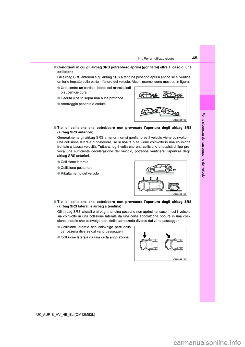 TOYOTA AURIS 2018  Manuale duso (in Italian) 451-1. Per un utilizzo sicuro
1
Per la sicurezza dei passeggeri e del veicolo
UK_AURIS_HV_HB_EL (OM12M53L) 
■ Condizioni in cui gli airbag SRS potrebbero aprirsi (gonfiarsi) oltre al caso di una 
co
