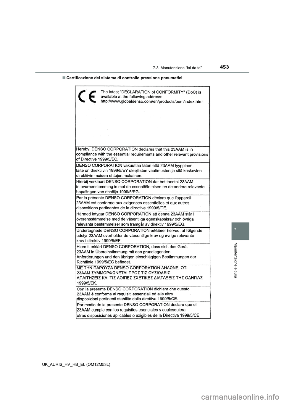 TOYOTA AURIS 2018 Manuale duso (in Italian) 4537-3. Manutenzione “fai da te”
7
Manutenzione e cura
UK_AURIS_HV_HB_EL (OM12M53L)
■ Certificazione del sistema di controllo pressione pneumatici TOYOTA AURIS 2018 Manuale duso (in Italian) 4537-3. Manutenzione “fai da te”
7
Manutenzione e cura
UK_AURIS_HV_HB_EL (OM12M53L)
■ Certificazione del sistema di controllo pressione pneumatici