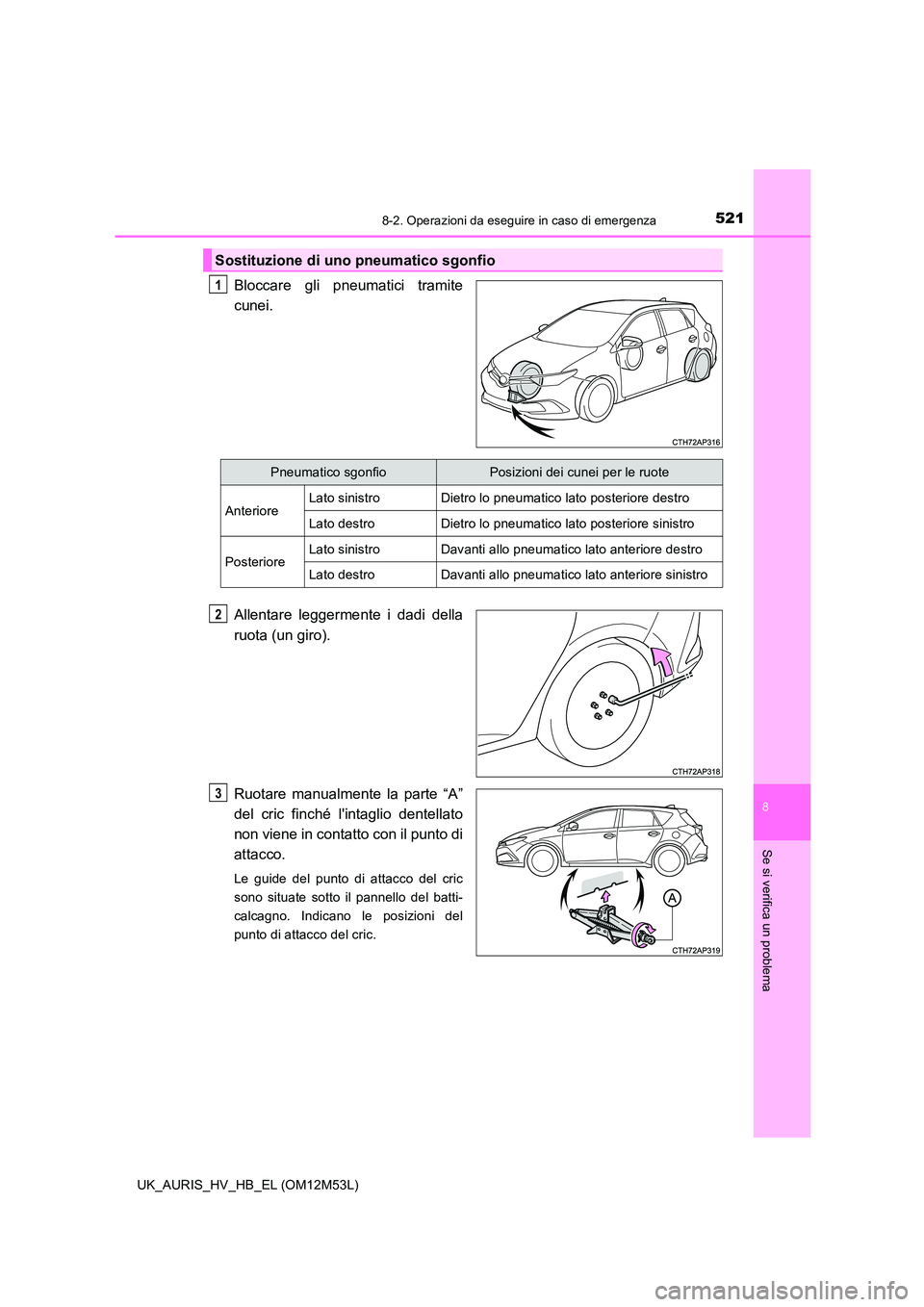 TOYOTA AURIS 2018 Manuale duso (in Italian) 5218-2. Operazioni da eseguire in caso di emergenza
8
Se si verifica un problema
UK_AURIS_HV_HB_EL (OM12M53L)
Bloccare gli pneumatici tramite
cunei.
Allentare leggermente i dadi della
ruota (un gir TOYOTA AURIS 2018 Manuale duso (in Italian) 5218-2. Operazioni da eseguire in caso di emergenza
8
Se si verifica un problema
UK_AURIS_HV_HB_EL (OM12M53L)
Bloccare gli pneumatici tramite
cunei.
Allentare leggermente i dadi della
ruota (un gir